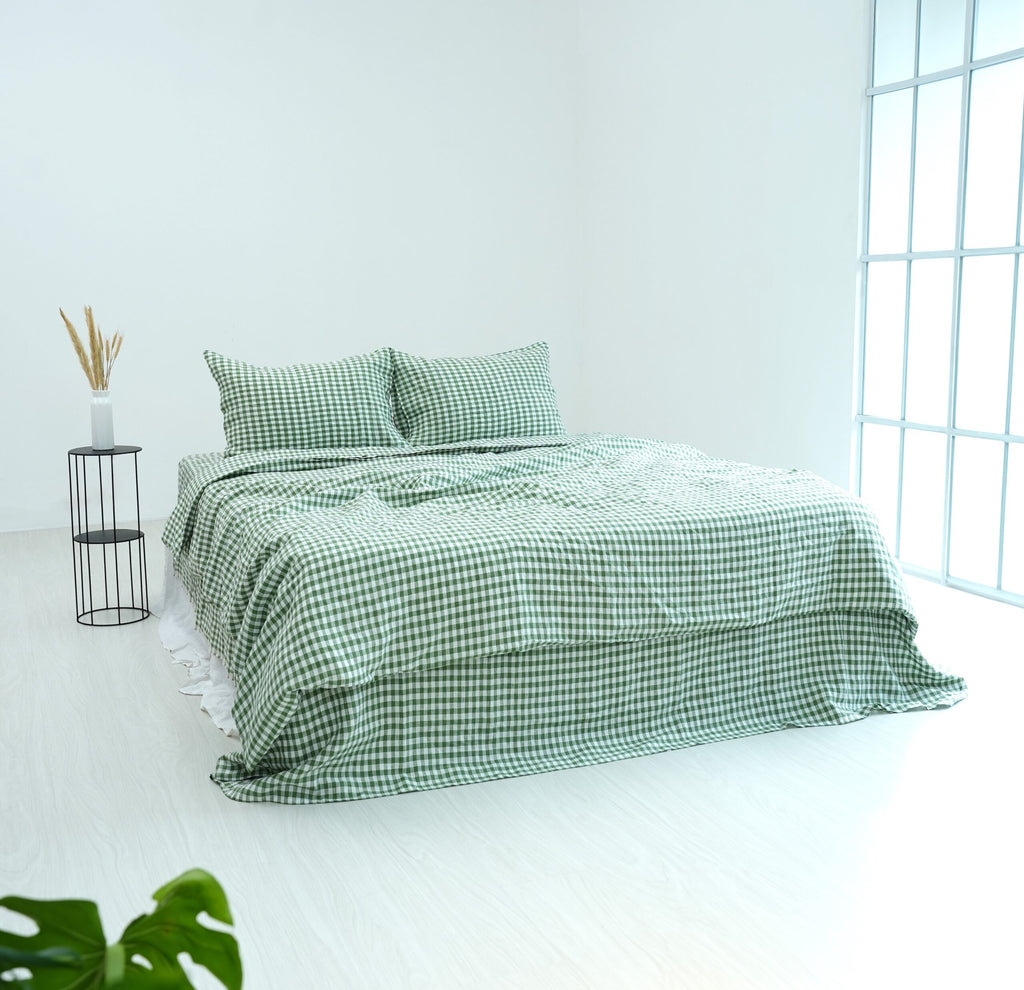 Small Grid Green French Linen Flat Sheet | 100% Linen Flat Sheet
