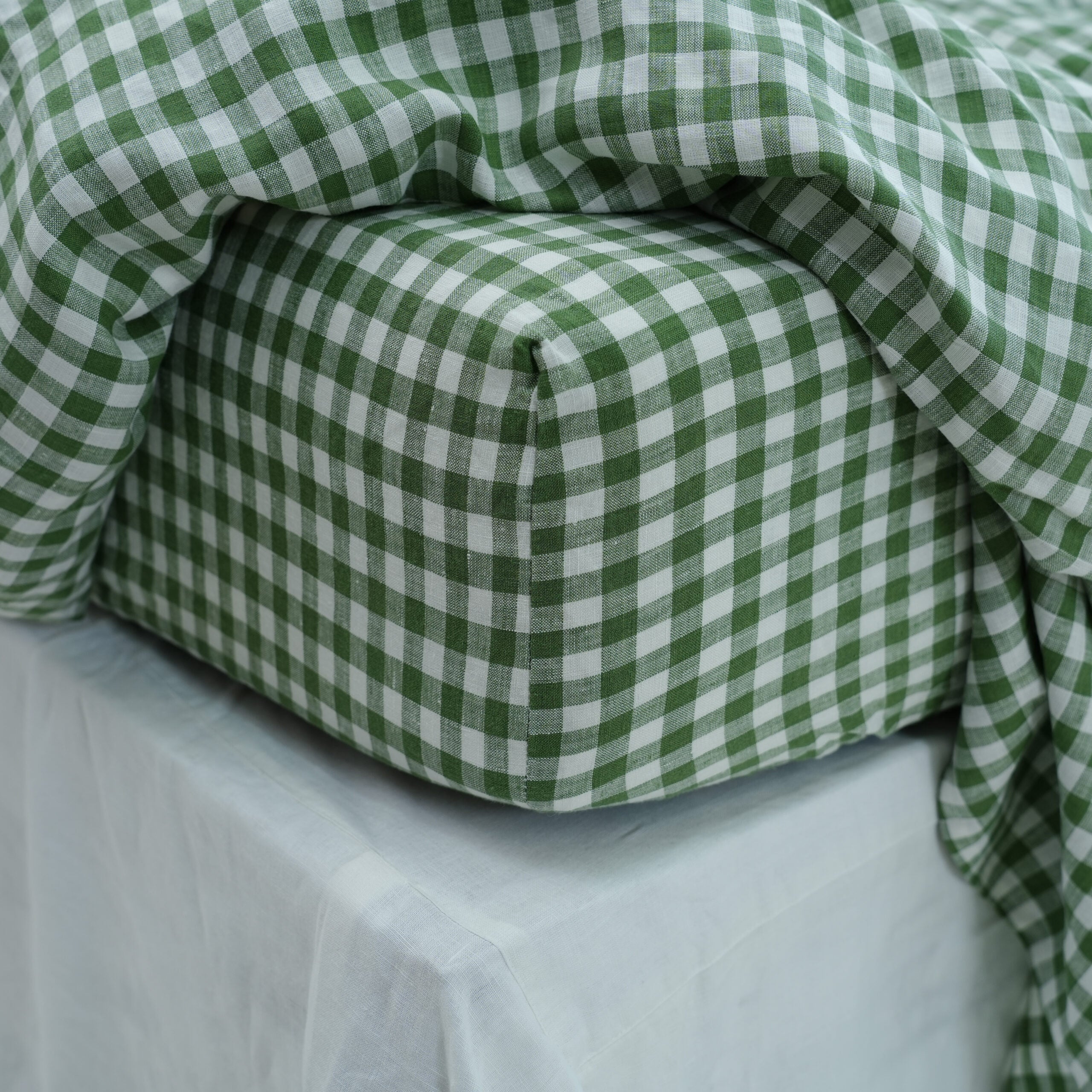 Small Grid Green French Linen Flat Sheet | 100% Linen Flat Sheet