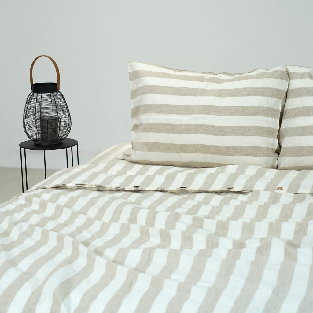 Flax Striped French Linen Duvet Cover+2 Pillowcases Set - Yarn Dyeing 57