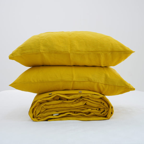 Yellow French Linen Duvet Cover+2 Pillowcases Set - Plain Dyeing 34