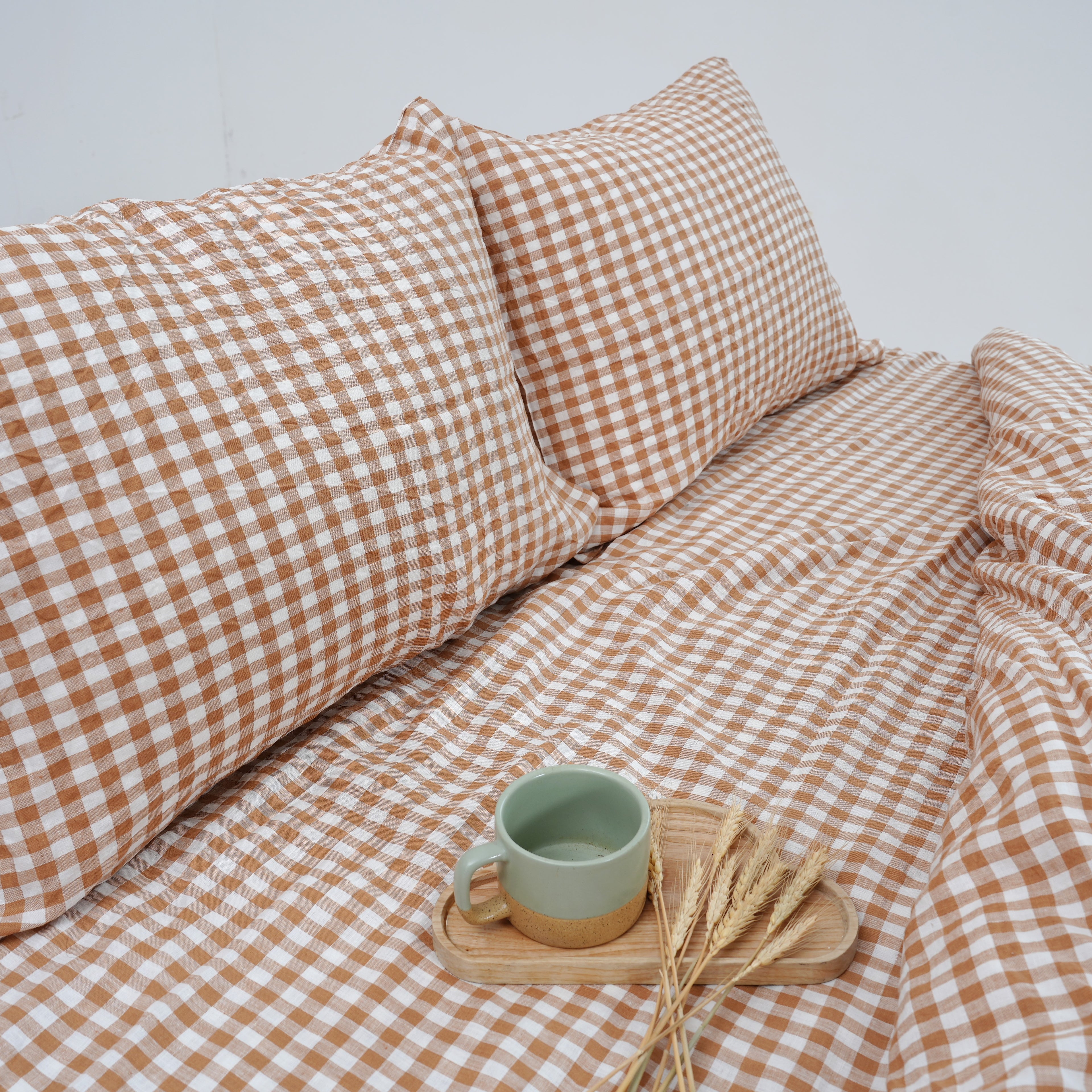 Small Grid Light Brown French Linen Pillowcase | Yarn-Dyed | Handmade
