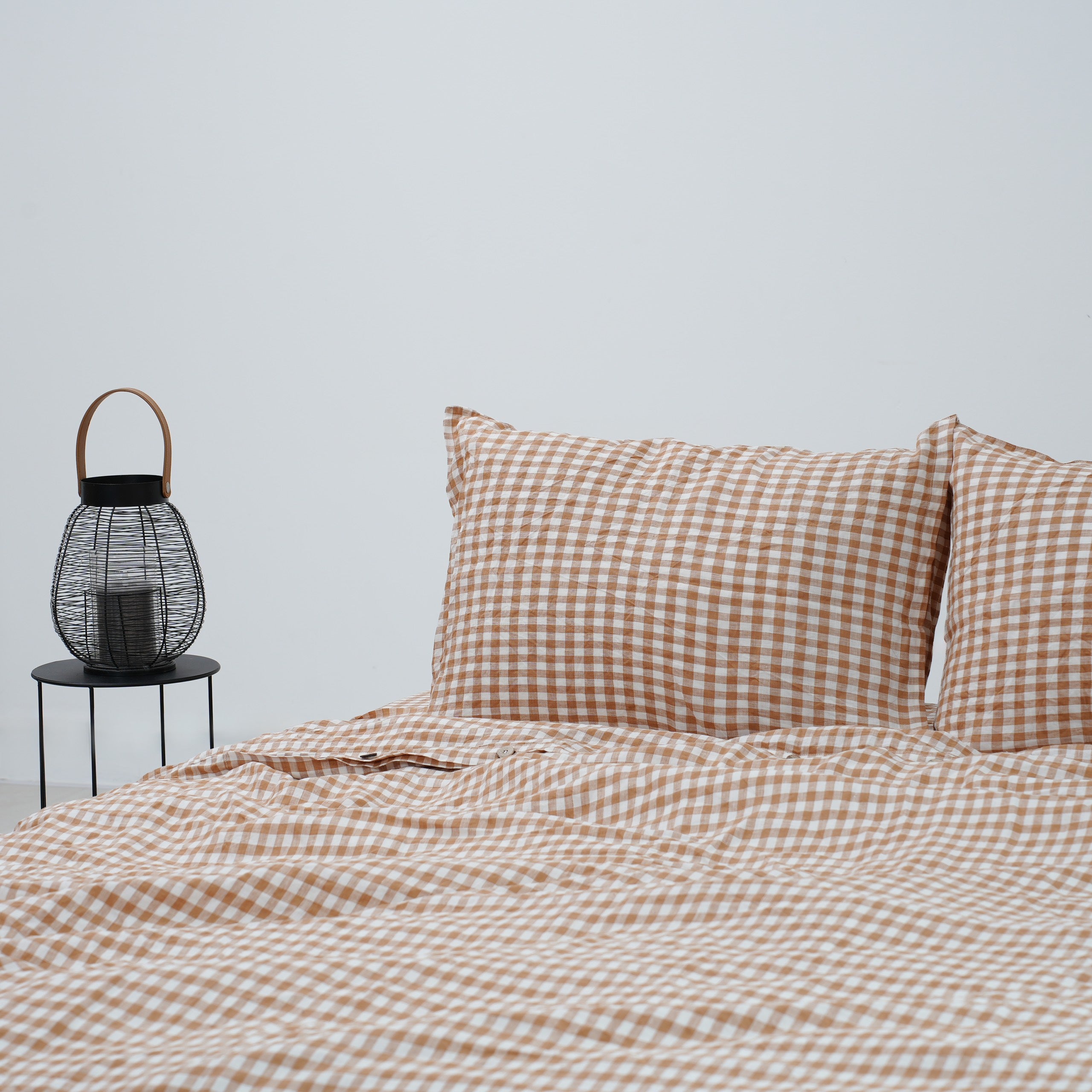 Small Grid Light Brown French Linen Pillowcase | Yarn-Dyed | Handmade
