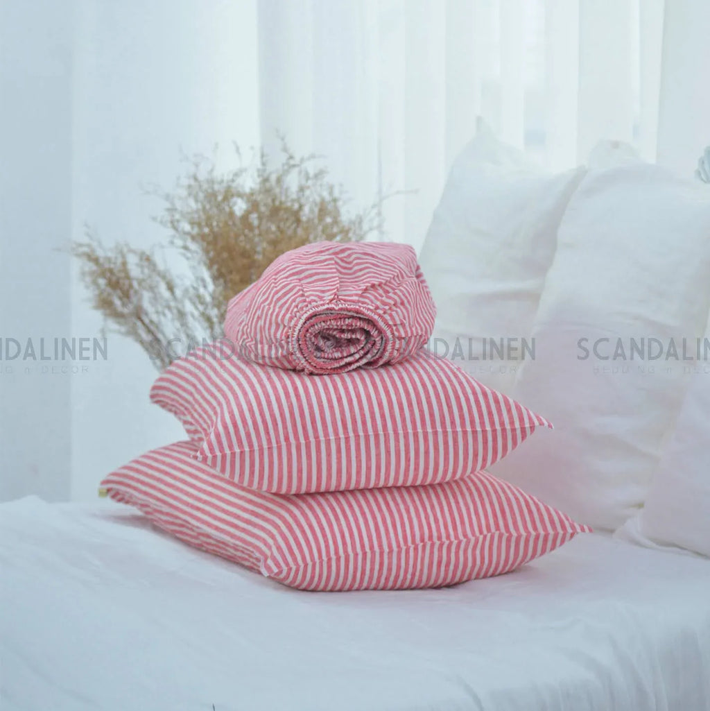 Striped Red French Linen Bedsheet | Deep Pocket Fitted Sheet