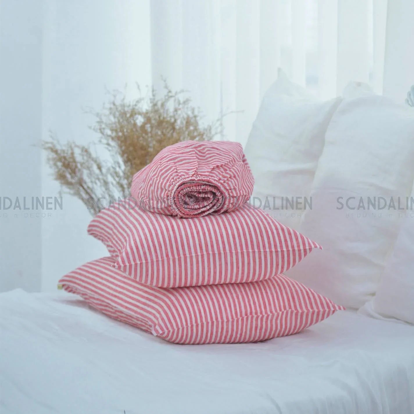 Striped Red French Linen Bedsheet | Deep Pocket Fitted Sheet