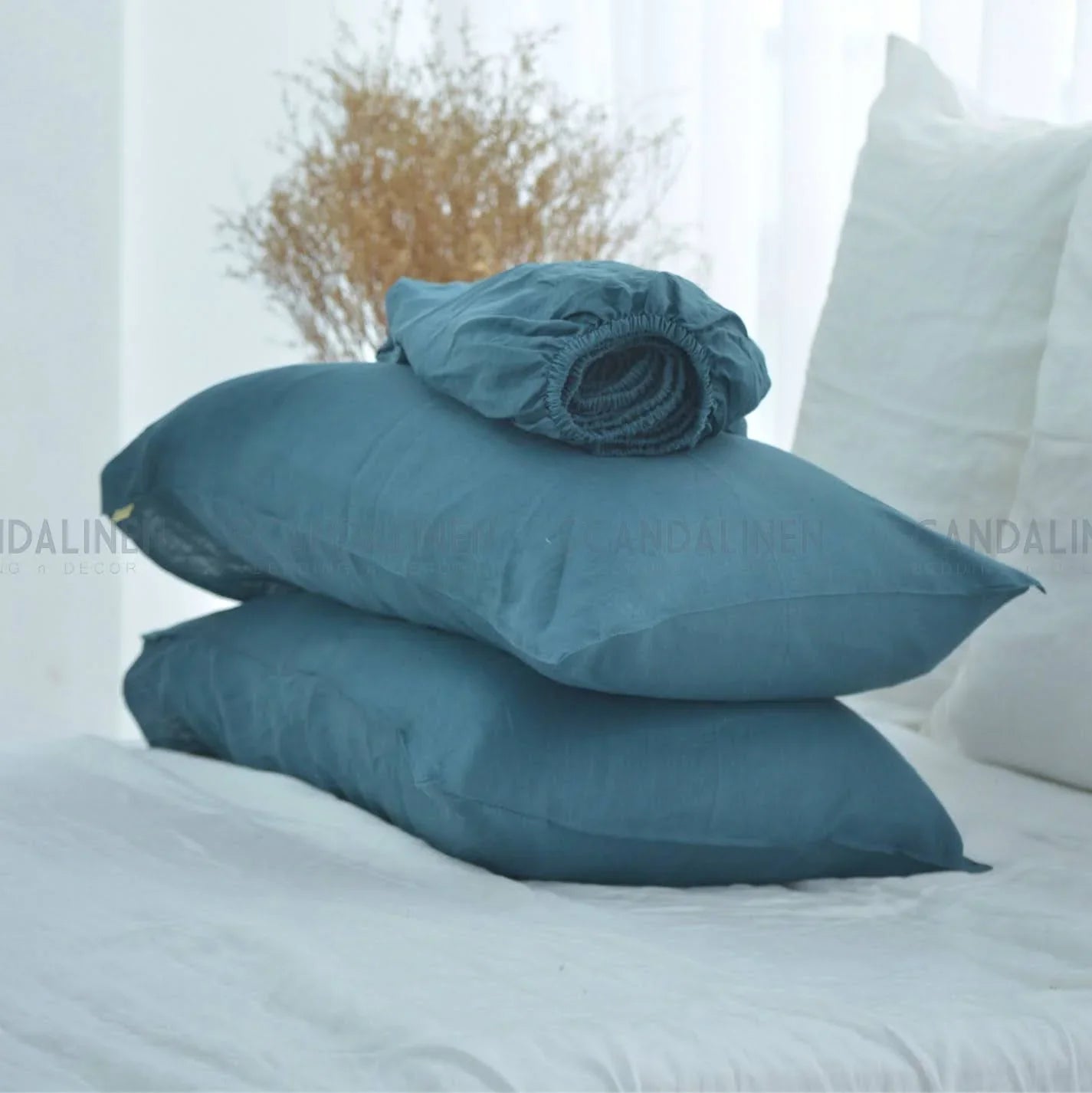 Azure Blue French Linen Fitted Sheet | Premium Linen Bedding
