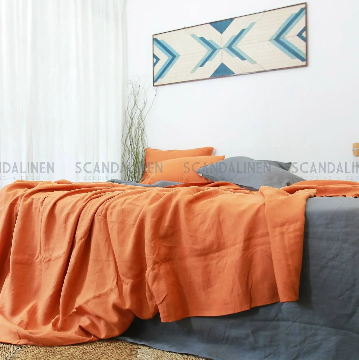 Orange French Linen Duvet Cover Set - Soft & Breathable 4-Piece