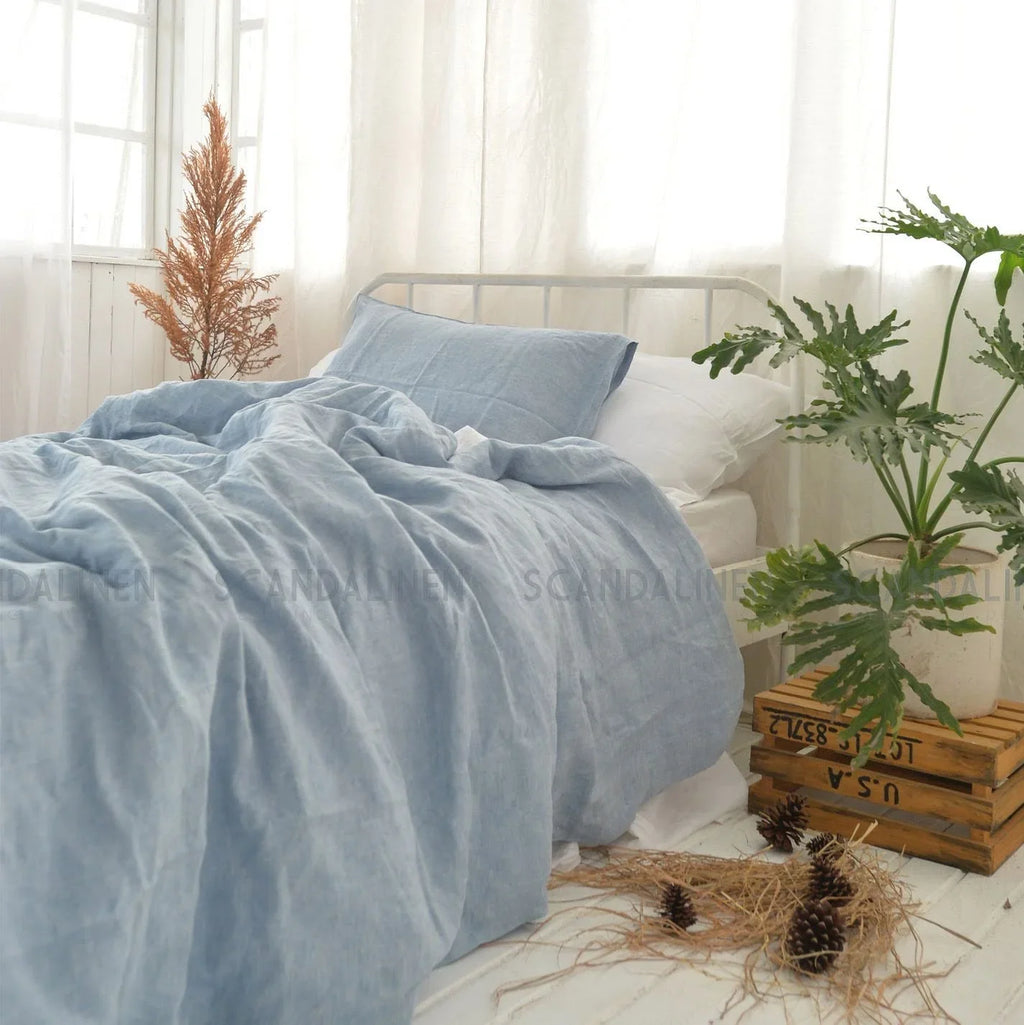 Blue French Linen 4-Piece Duvet Cover Set | Yarn-Dyed | Handmade