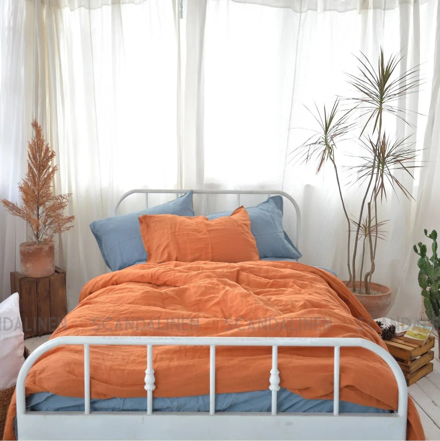 Orange French Linen Duvet Cover Set - Soft & Breathable 4-Piece