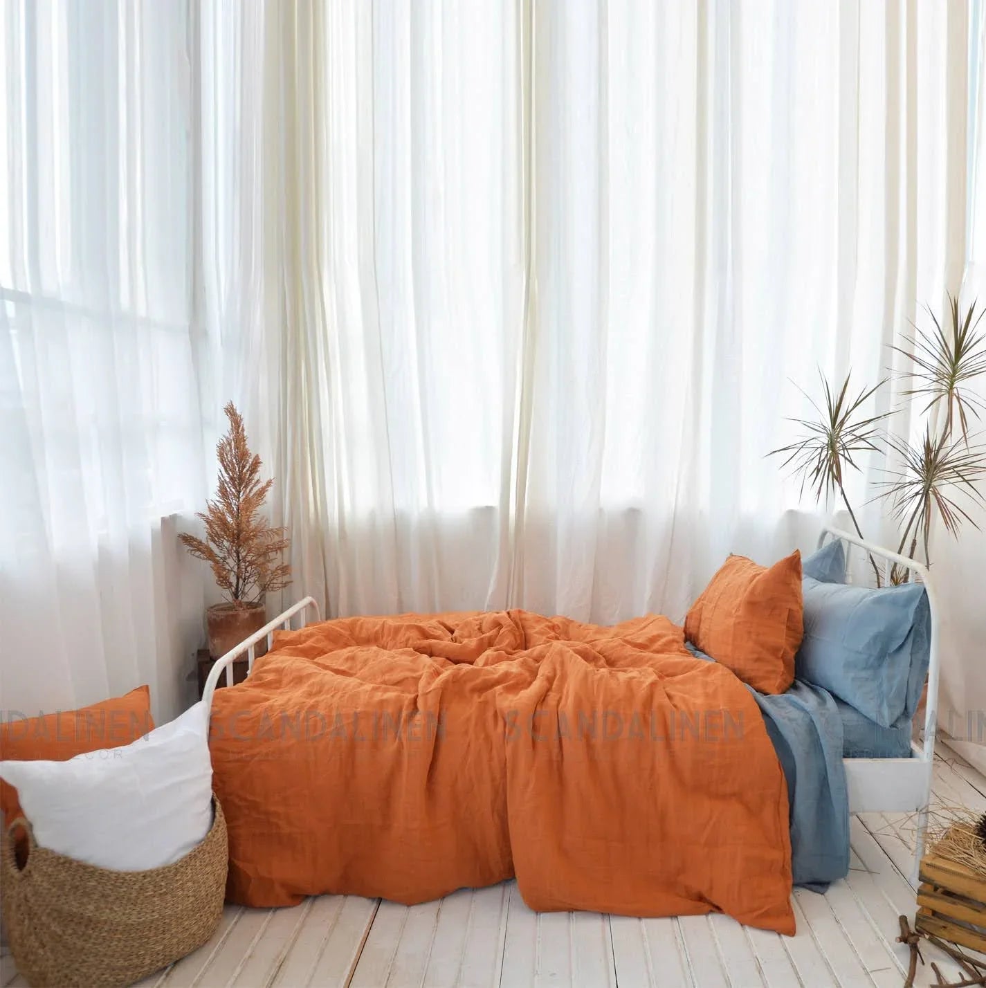 Orange French Linen Duvet Cover Set - Soft & Breathable 4-Piece
