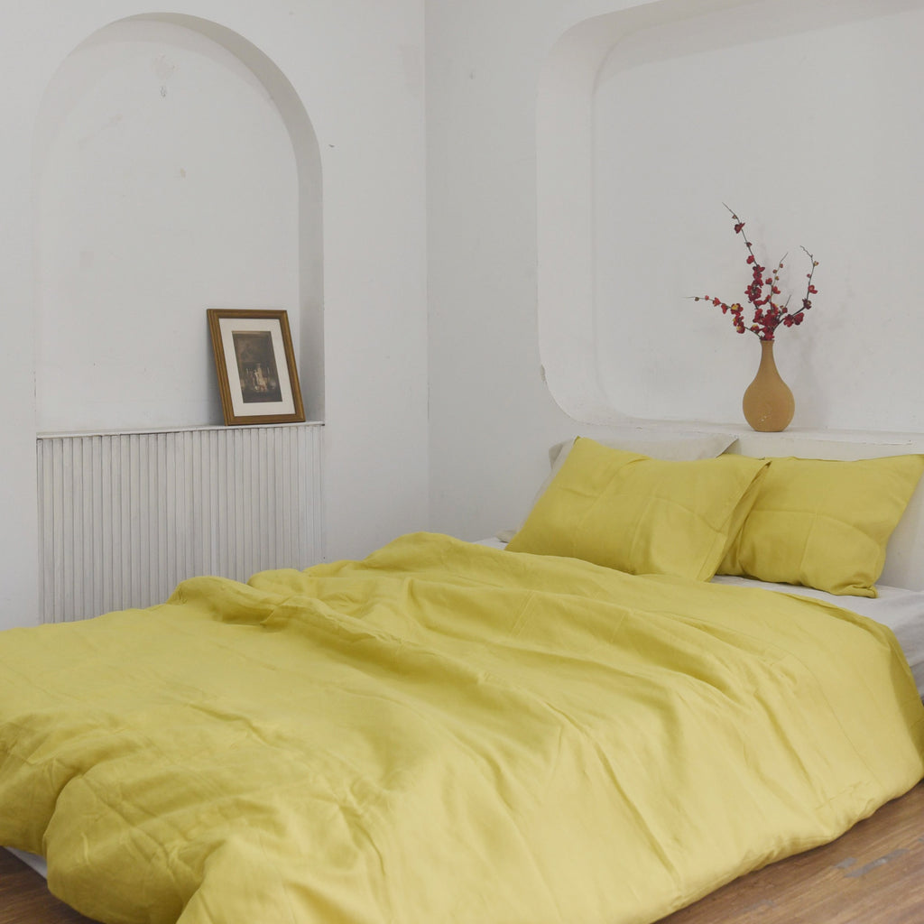 Lemon Yellow Bamboo Linen Duvet Cover Set – 4-Piece Bed Linen | 45% Linen 55% Bamboo
