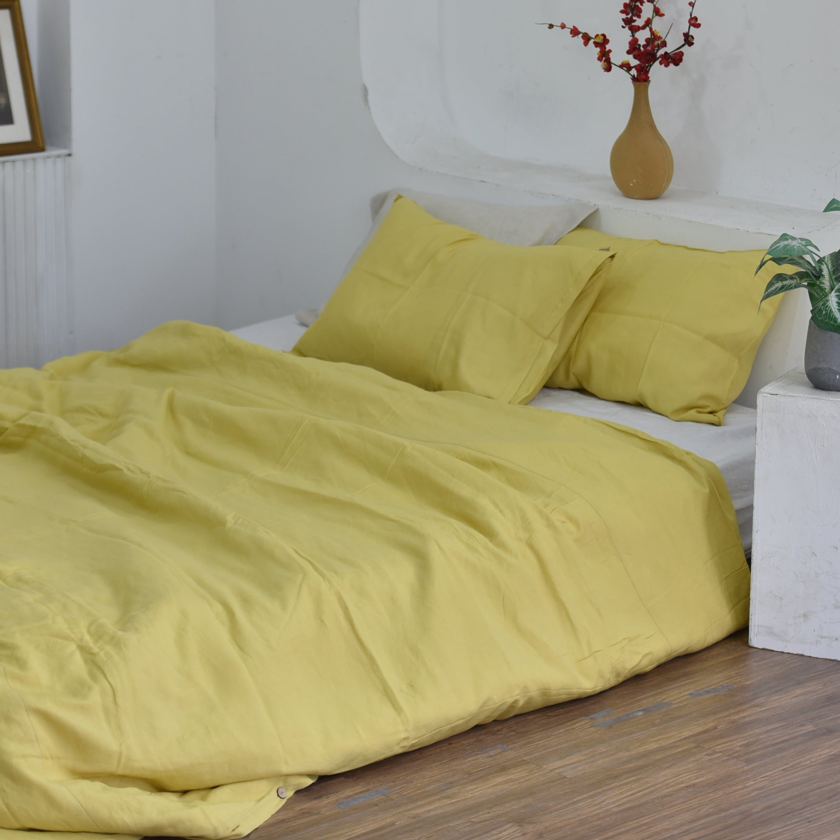 Lemon Yellow Bamboo Linen Duvet Cover Set – 4-Piece Bed Linen | 45% Linen 55% Bamboo