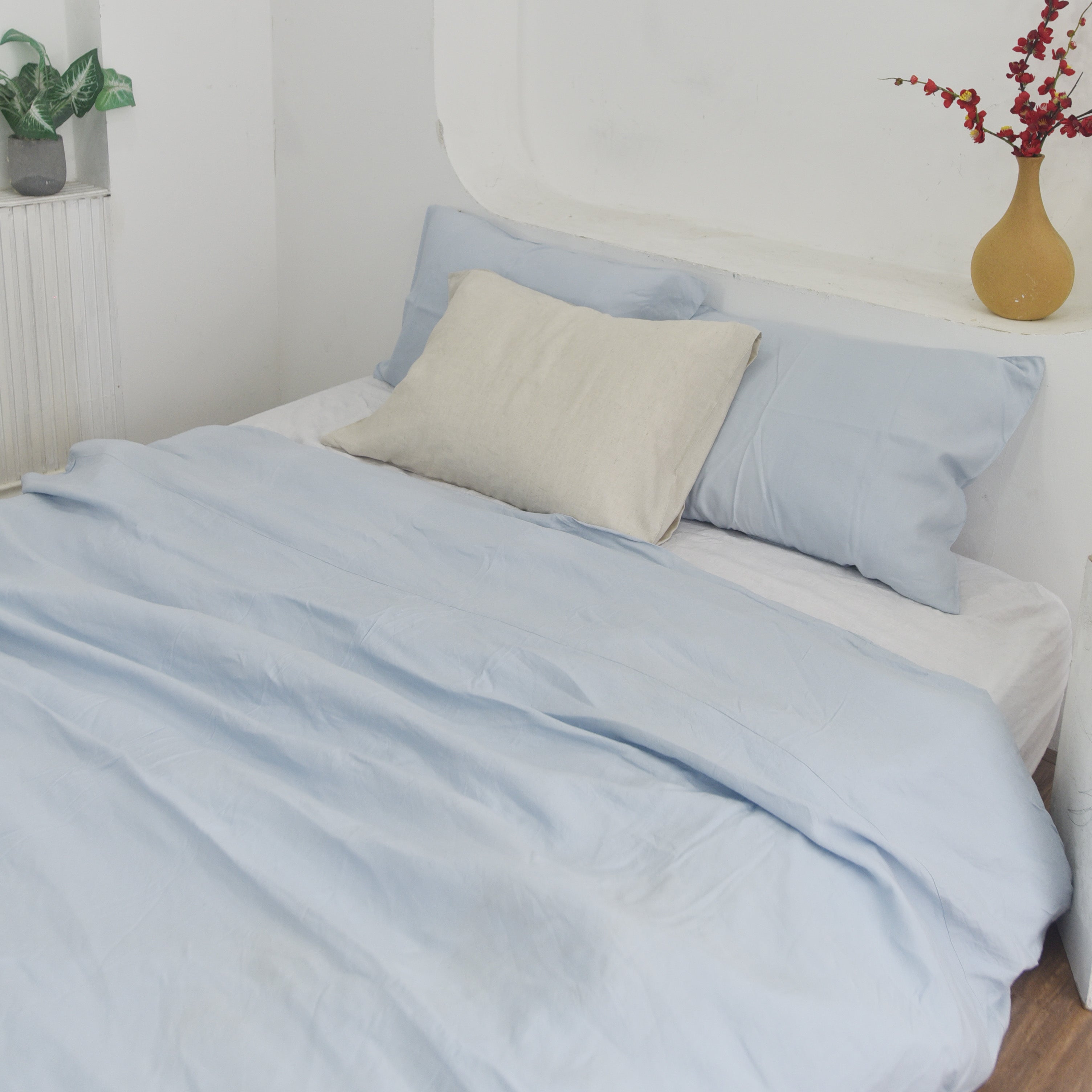 Pale Pink Bamboo Linen Duvet Cover Set – 4-Piece Bed Linen | 45% Linen 55% Bamboo Rayon | 165 GSM