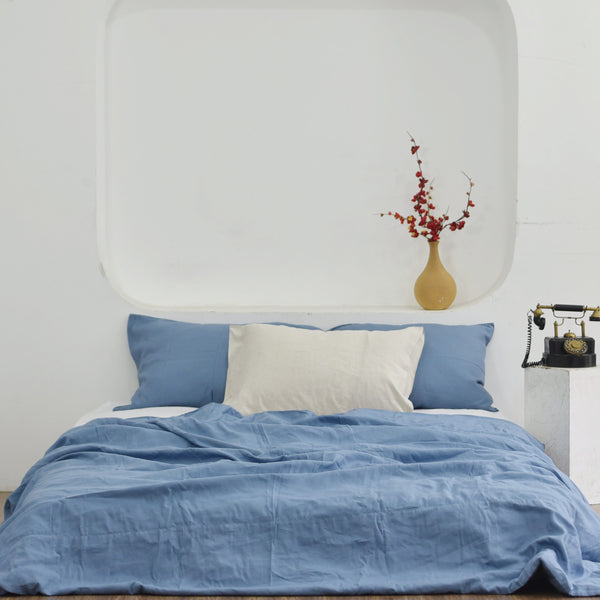 Cerulean Blue Bamboo Linen Duvet Cover Set – 4-Piece | 45% Linen 55% Bamboo Rayon