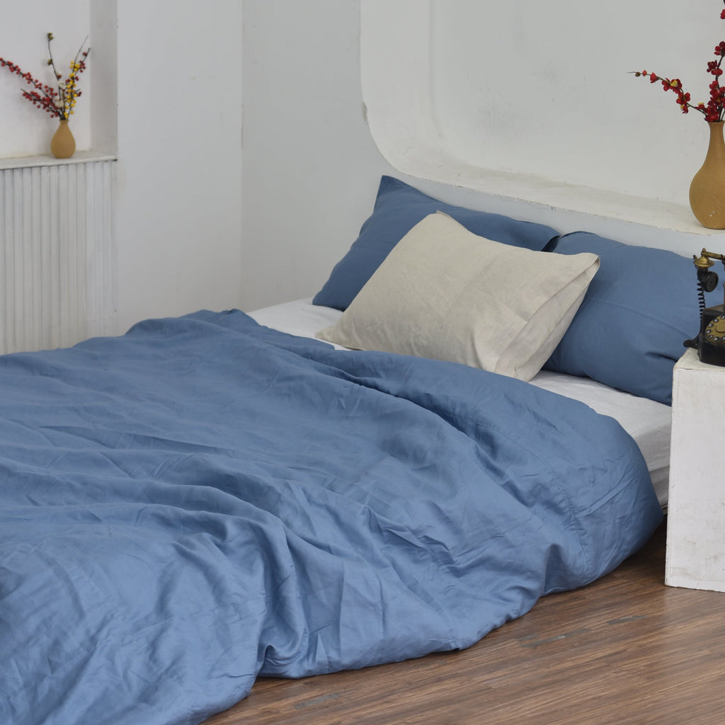 Cerulean Blue Bamboo Linen Duvet Cover Set – 4-Piece | 45% Linen 55% Bamboo Rayon