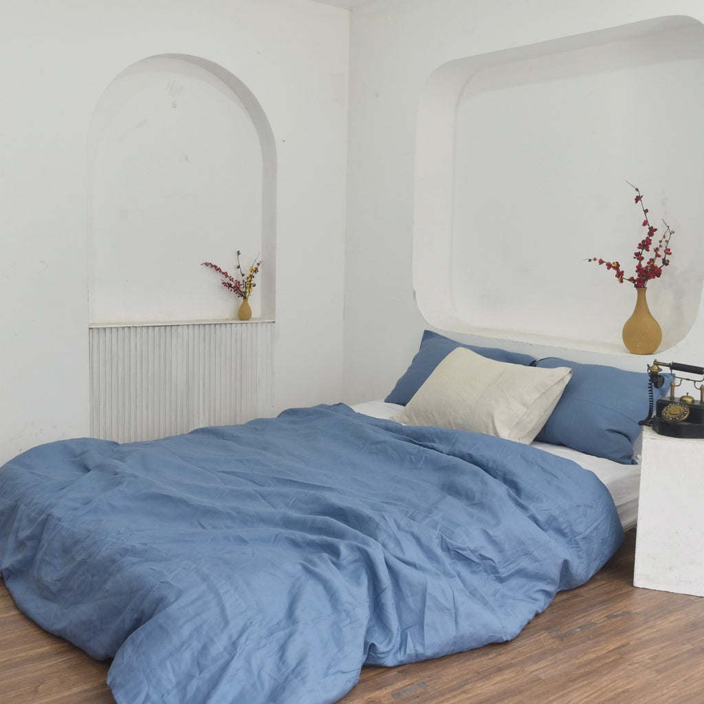 Cerulean Blue Bamboo Linen Duvet Cover Set – 4-Piece | 45% Linen 55% Bamboo Rayon