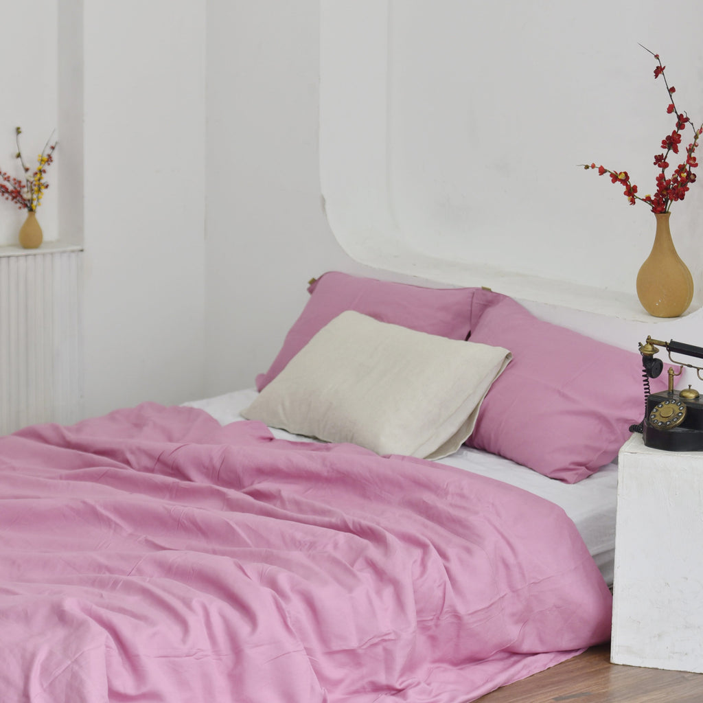 Taffy Pink Bamboo Linen Duvet Cover Set – 4-Piece Bed Linen | 45% Linen 55% Bamboo Rayon | 165 GSM