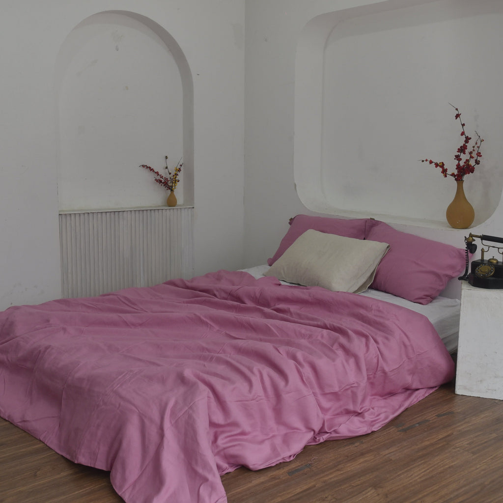 Taffy Pink Bamboo Linen Duvet Cover Set – 4-Piece Bed Linen | 45% Linen 55% Bamboo Rayon | 165 GSM