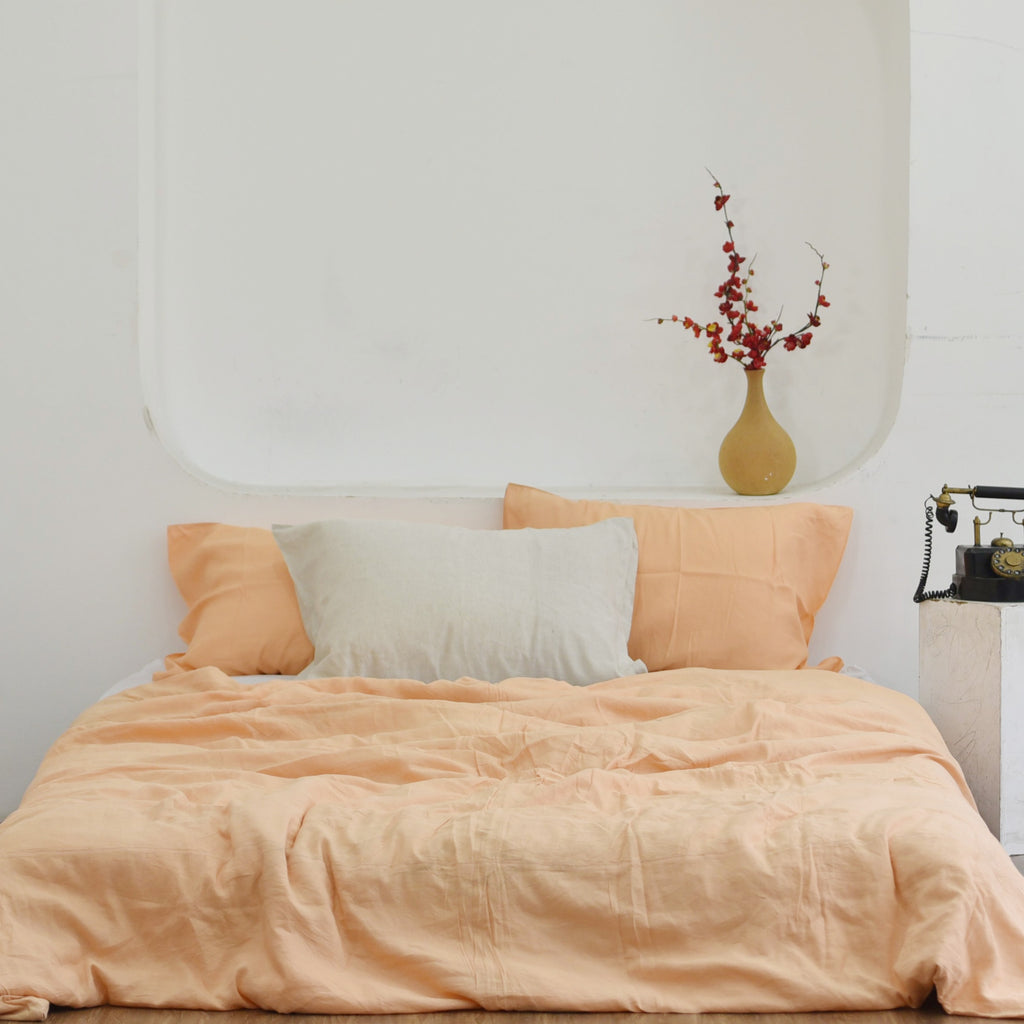Cantaloupe Orange Bamboo Linen Duvet Cover Set – 4-Piece Bed Linen | 45% Linen 55% Bamboo Rayon | 165 GSM