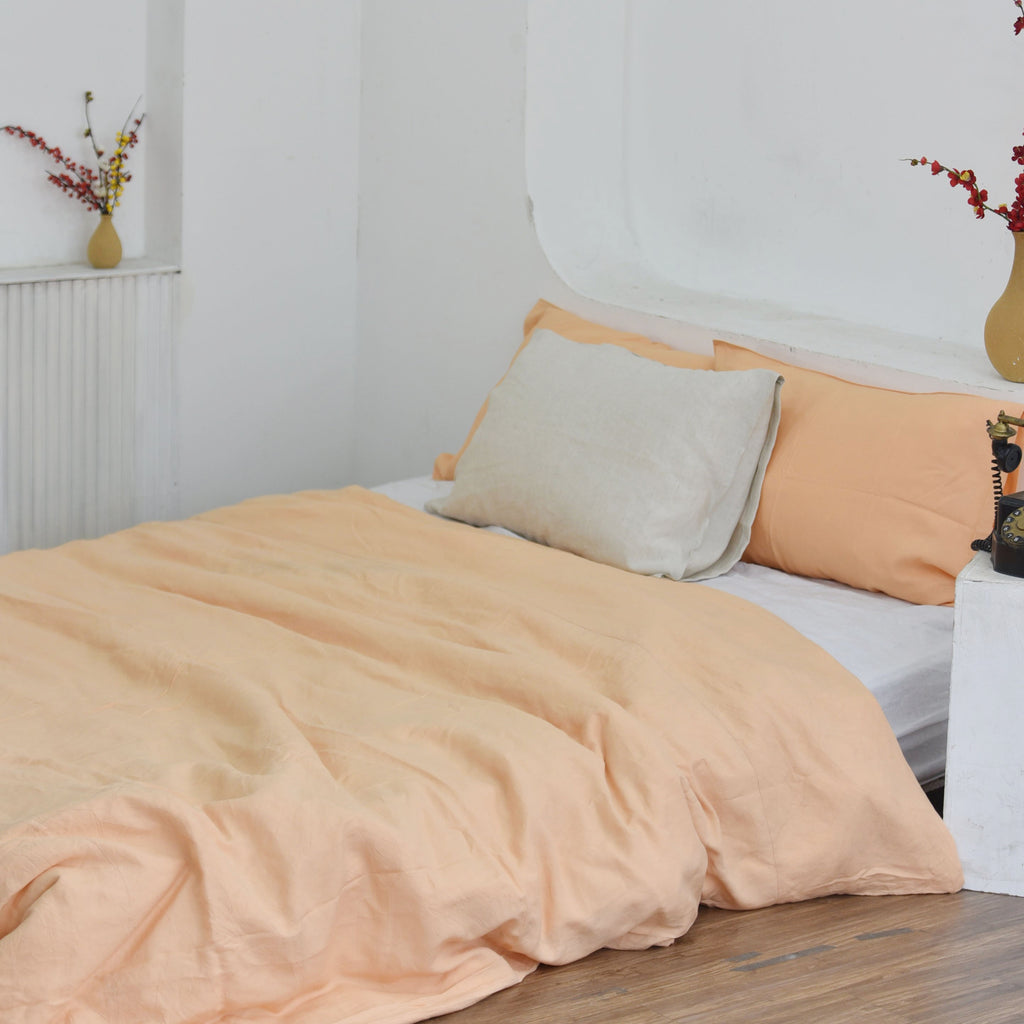 Cantaloupe Orange Bamboo Linen Duvet Cover Set – 4-Piece Bed Linen | 45% Linen 55% Bamboo Rayon | 165 GSM
