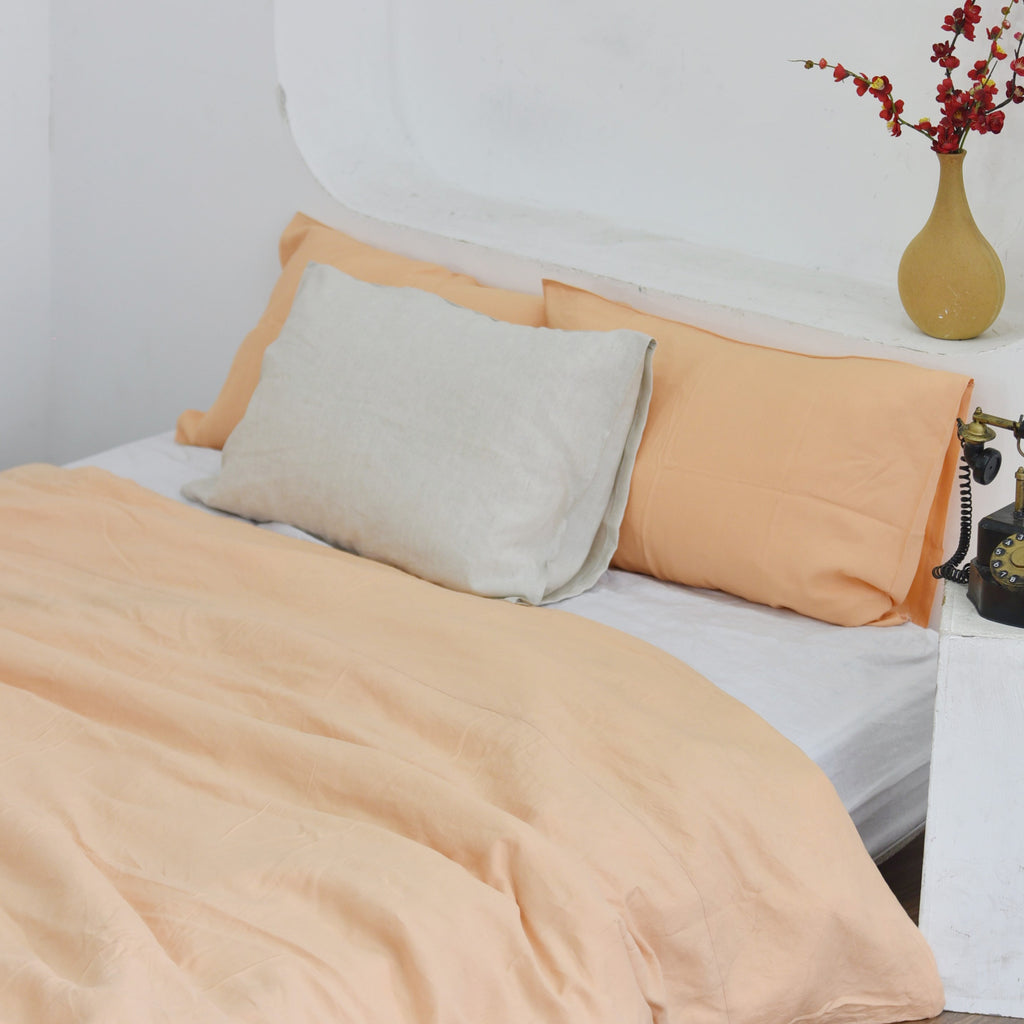 Cantaloupe Orange Bamboo Linen Duvet Cover Set – 4-Piece Bed Linen | 45% Linen 55% Bamboo Rayon | 165 GSM