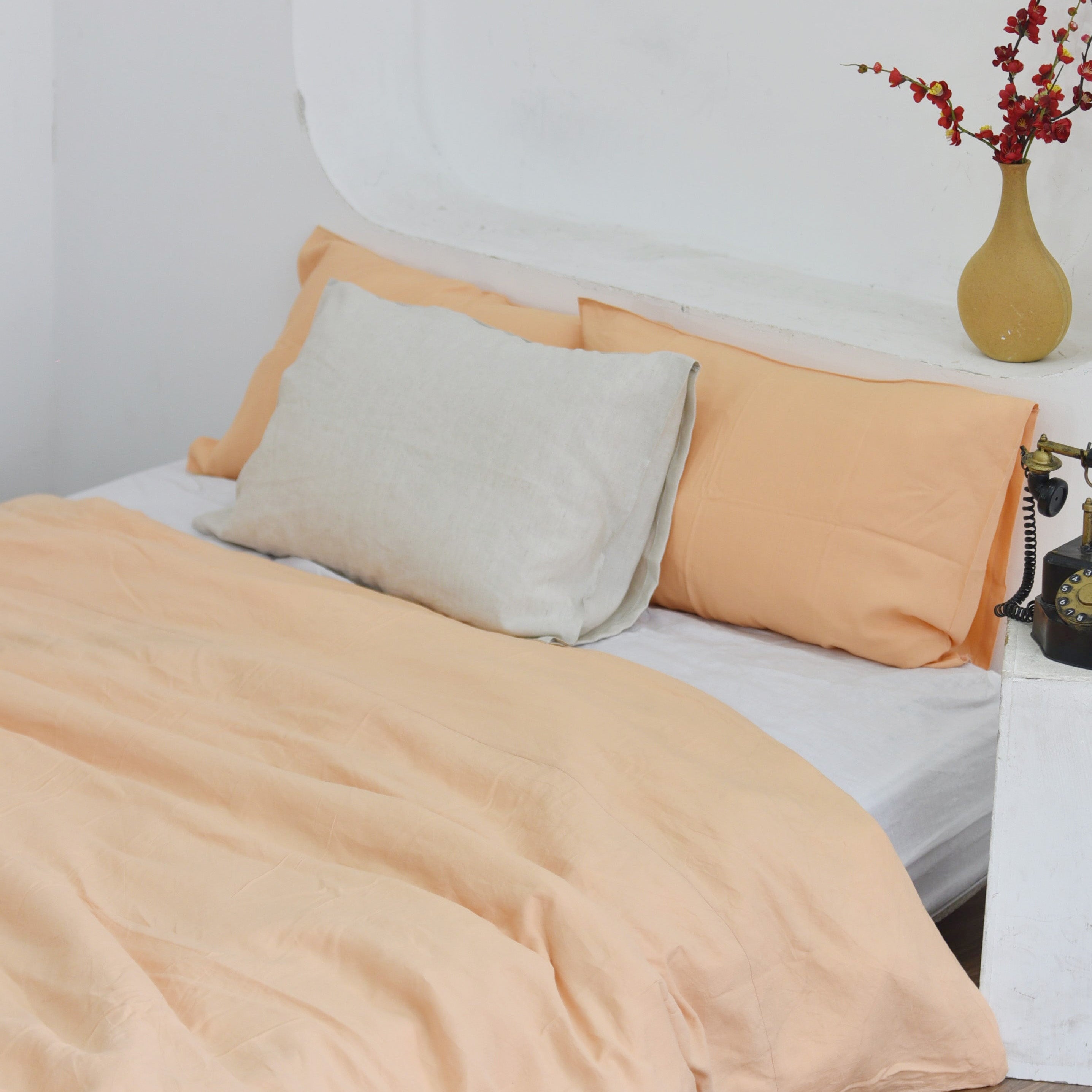 Cantaloupe Orange Bamboo Linen Duvet Cover Set – 4-Piece Bed Linen | 45% Linen 55% Bamboo Rayon | 165 GSM