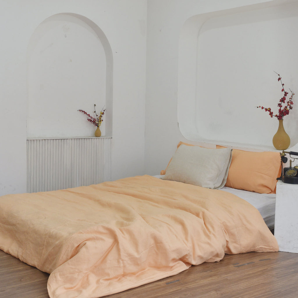 Cantaloupe Orange Bamboo Linen Duvet Cover Set – 4-Piece Bed Linen | 45% Linen 55% Bamboo Rayon | 165 GSM