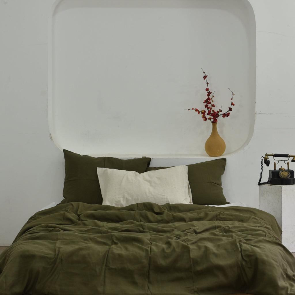 Seaweed Green Bamboo Linen Duvet Cover Set – 4-Piece | 45% Linen 55% Bamboo Rayon