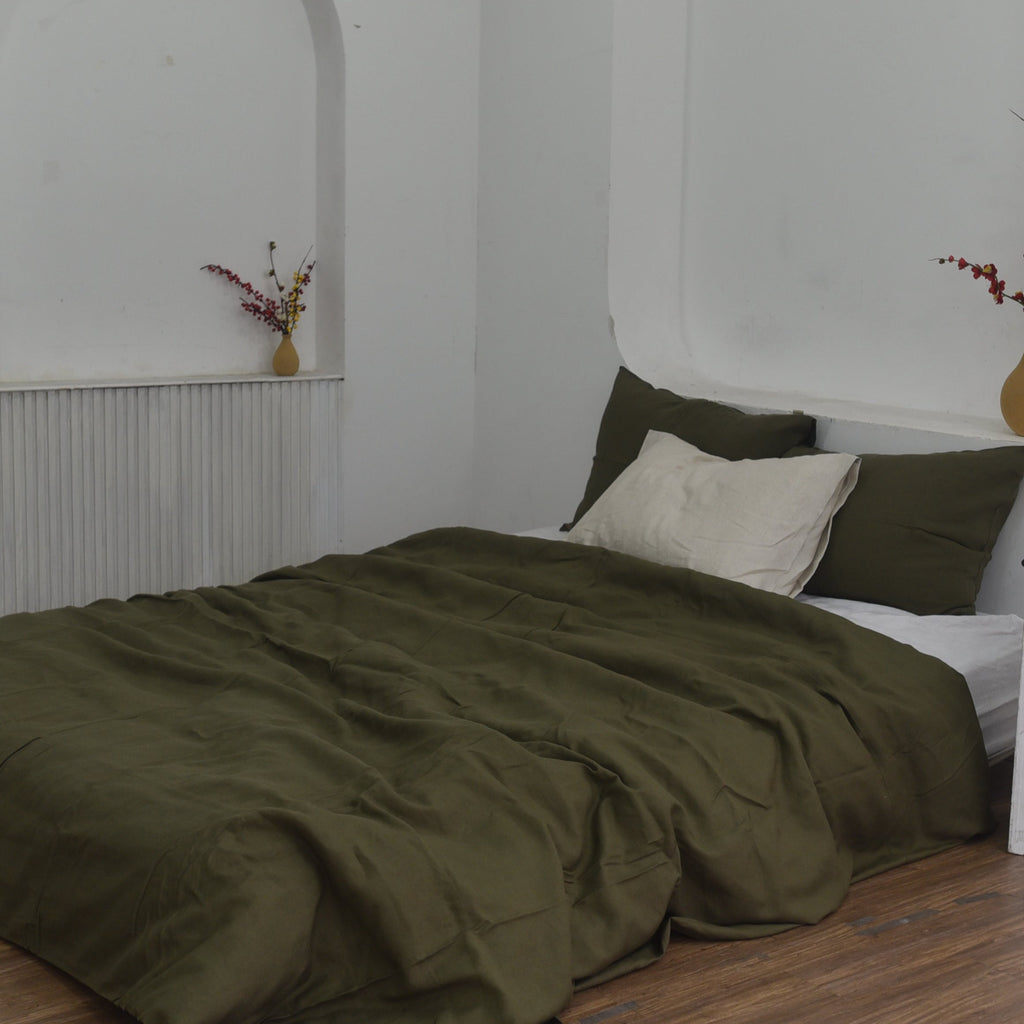 Seaweed Green Bamboo Linen Duvet Cover Set – 4-Piece | 45% Linen 55% Bamboo Rayon