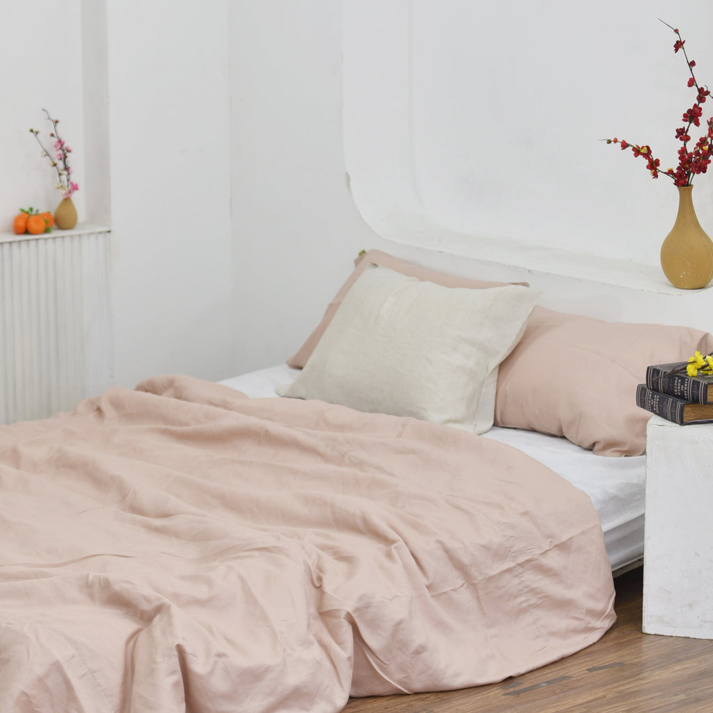 Coral Pink Bamboo Linen Duvet Cover Set – 4-Piece | 45% Linen 55% Bamboo Rayon | 165 GSM