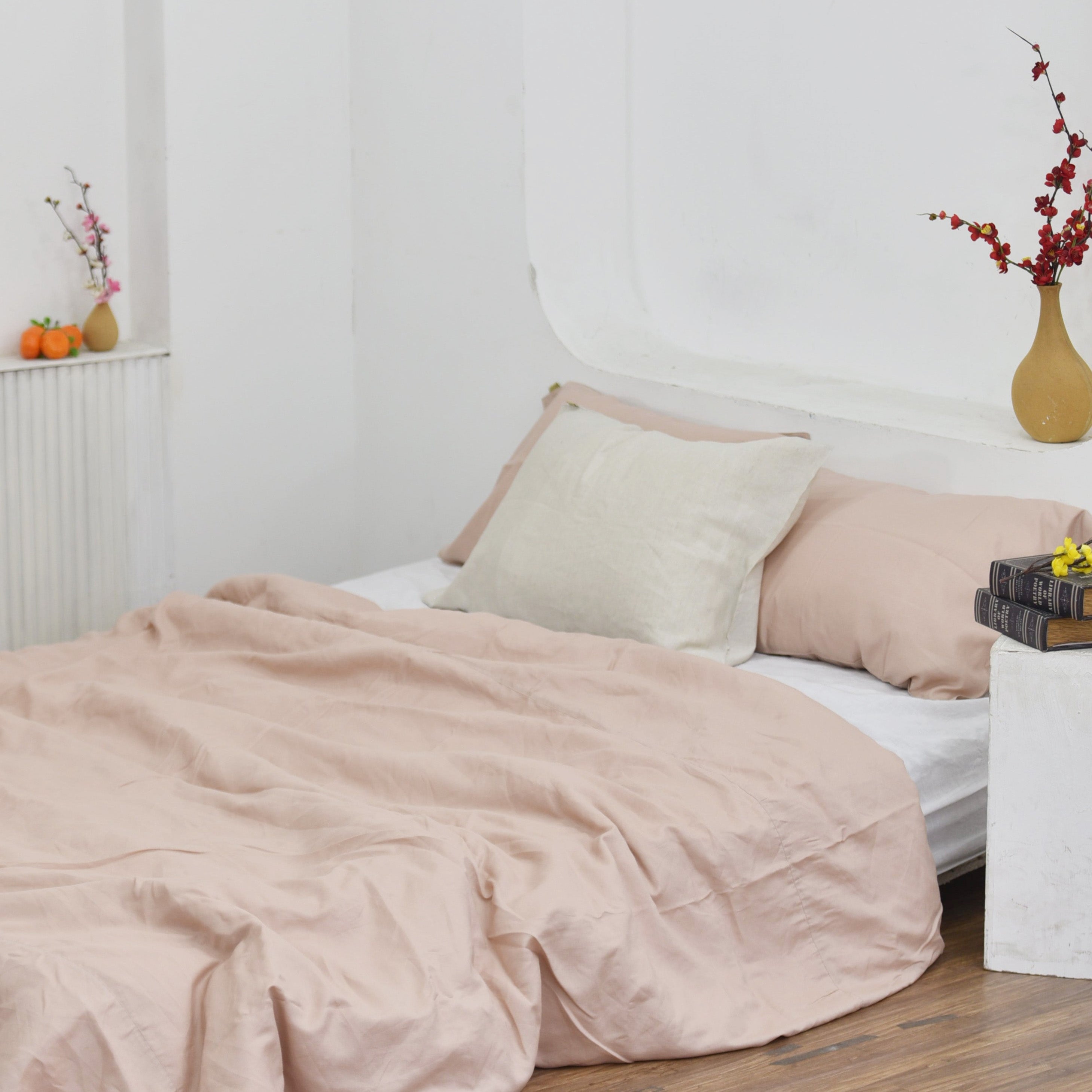 Coral Pink Bamboo Linen Duvet Cover Set – 4-Piece | 45% Linen 55% Bamboo Rayon | 165 GSM