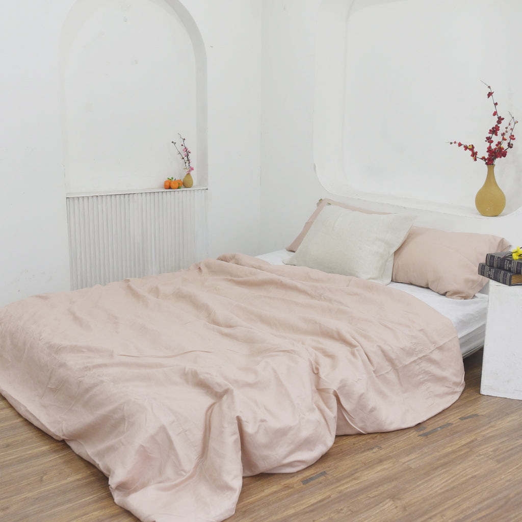 Coral Pink Bamboo Linen Duvet Cover Set – 4-Piece | 45% Linen 55% Bamboo Rayon | 165 GSM