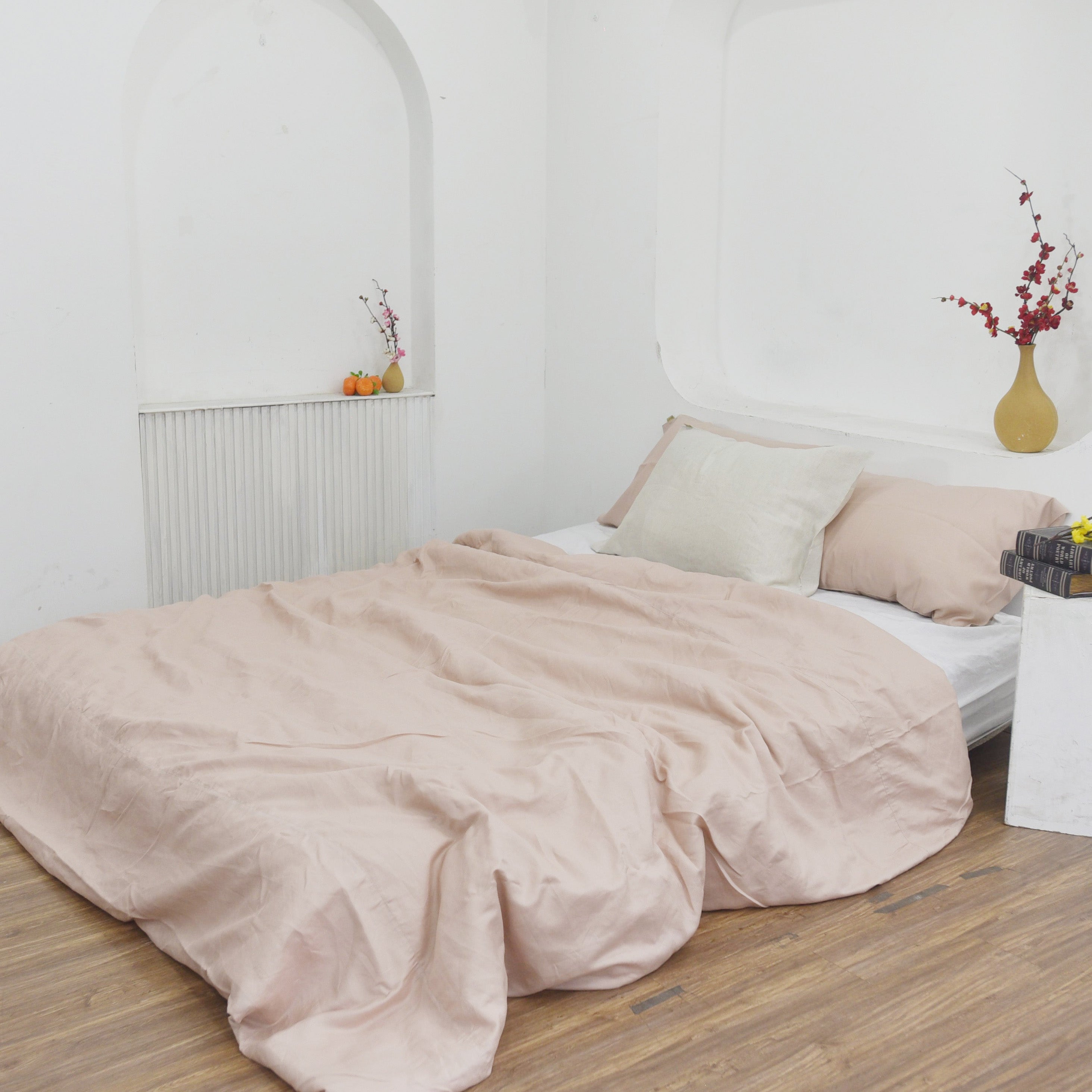 Coral Pink Bamboo Linen Duvet Cover Set – 4-Piece | 45% Linen 55% Bamboo Rayon | 165 GSM