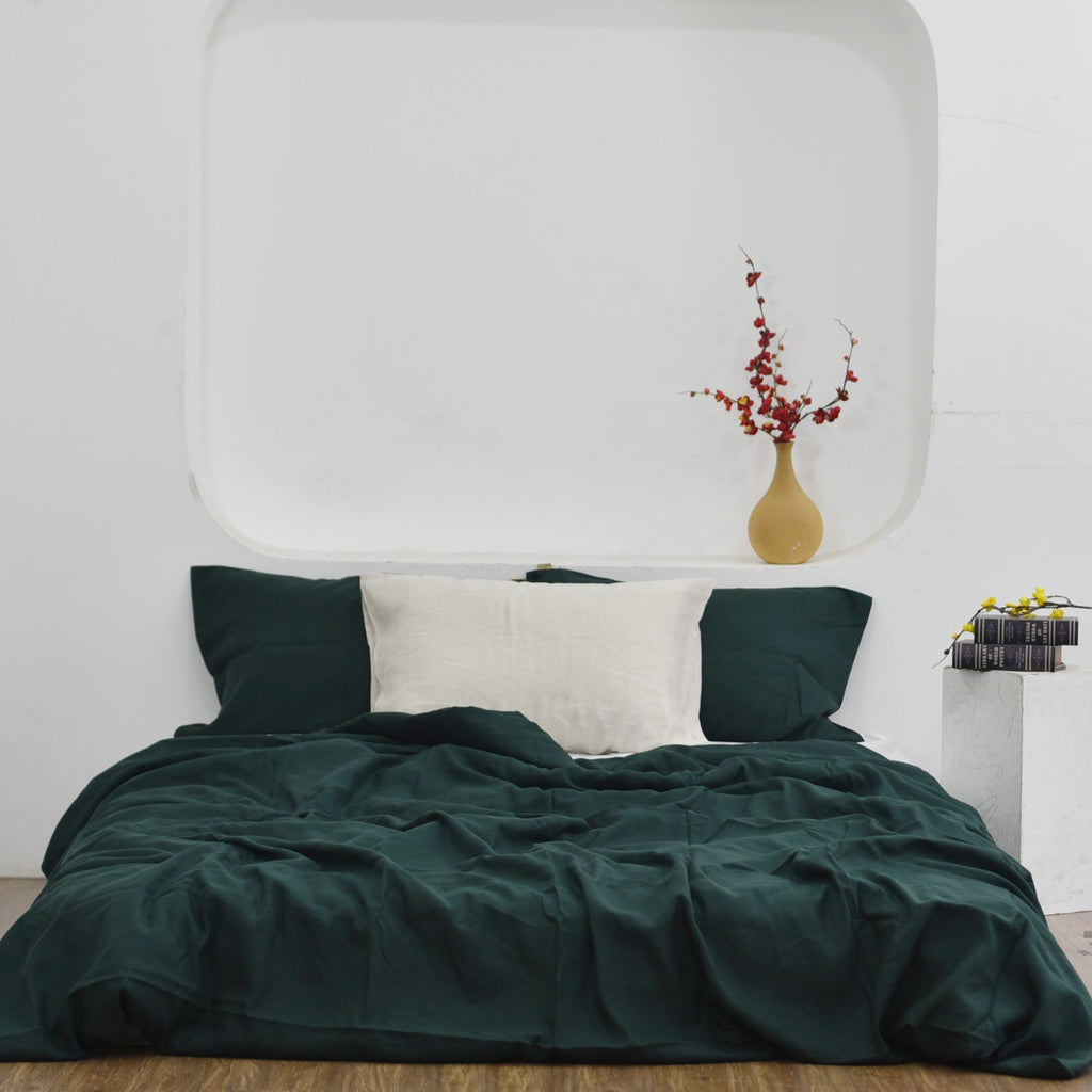 Juniper Green Bamboo Linen Duvet Cover Set - Sustainable 4-Piece