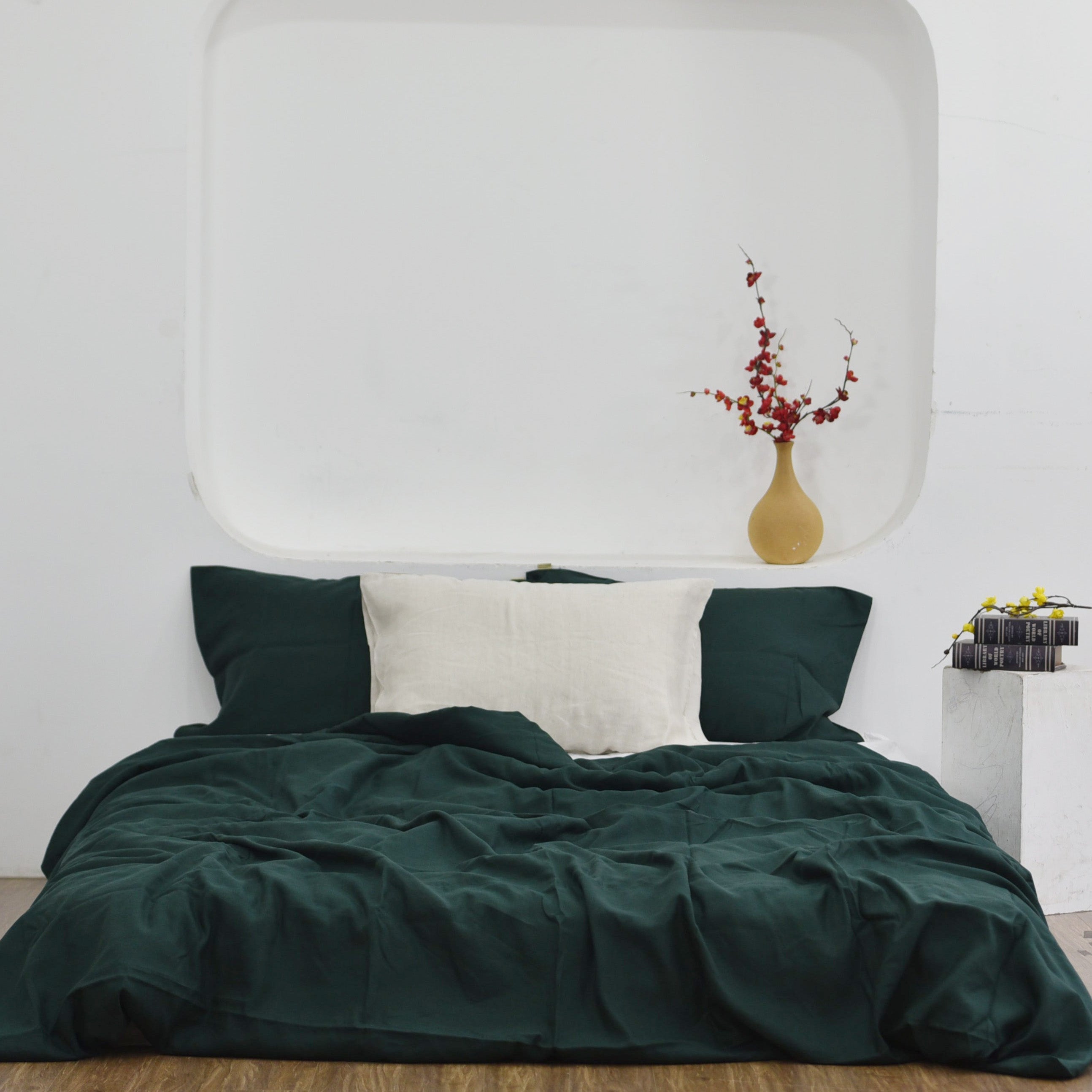 Juniper Green Bamboo Linen Duvet Cover Set - Sustainable 4-Piece