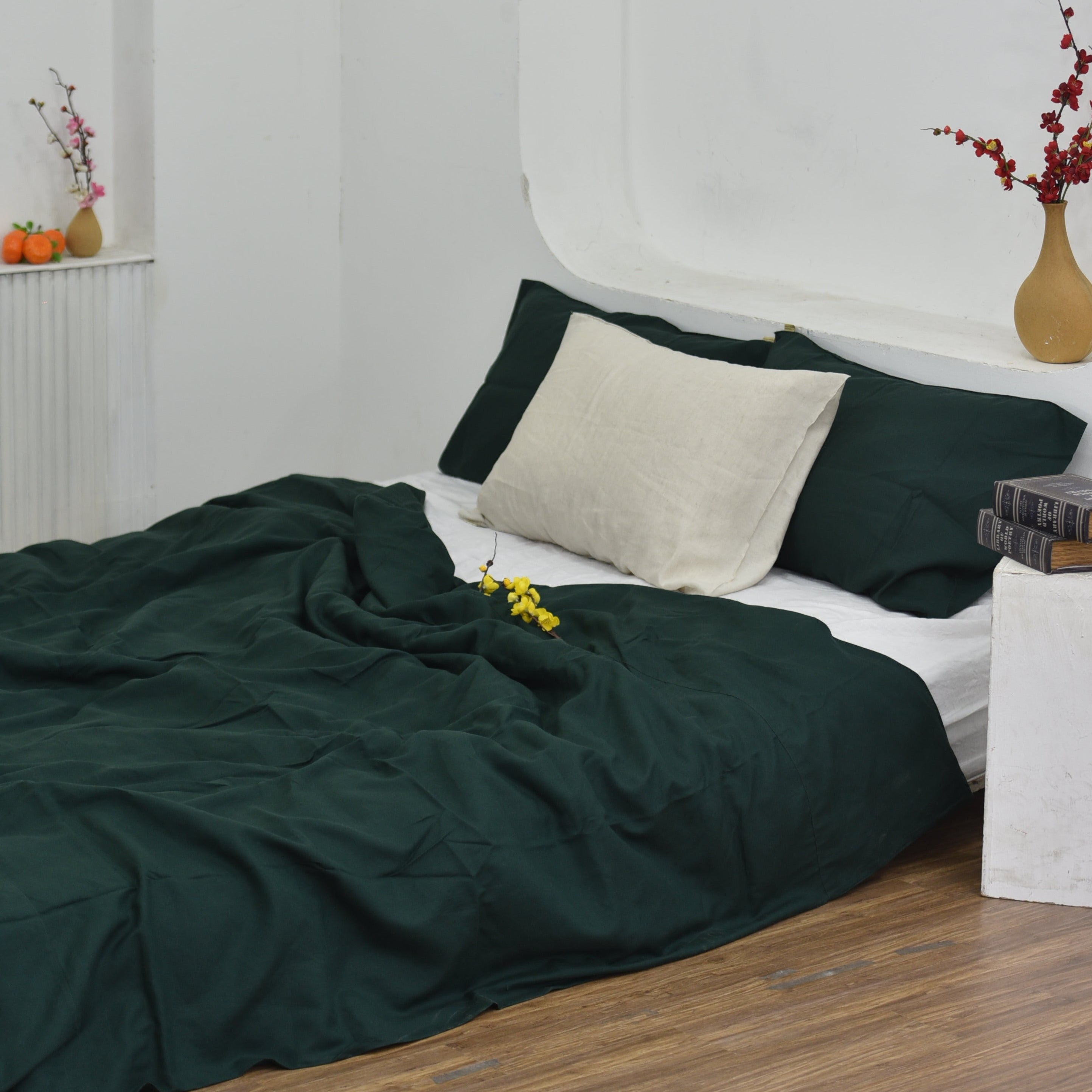 Juniper Green Bamboo Linen Duvet Cover Set - Sustainable 4-Piece