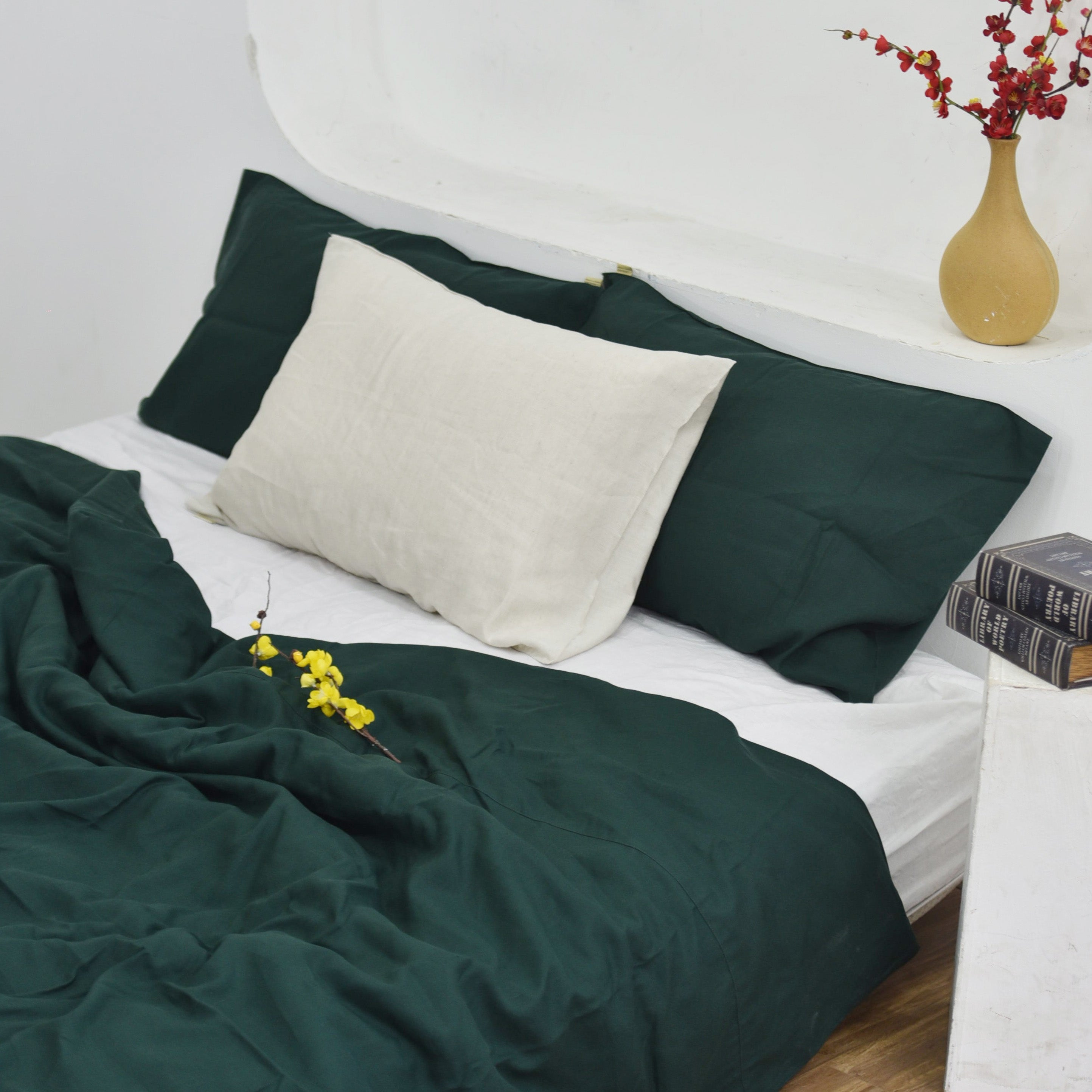 Juniper Green Bamboo Linen Duvet Cover Set - Sustainable 4-Piece