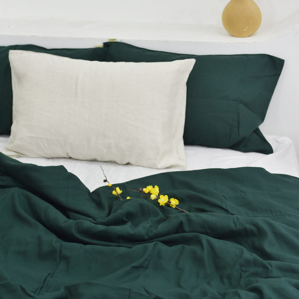 Juniper Green Bamboo Linen Duvet Cover Set - Sustainable 4-Piece