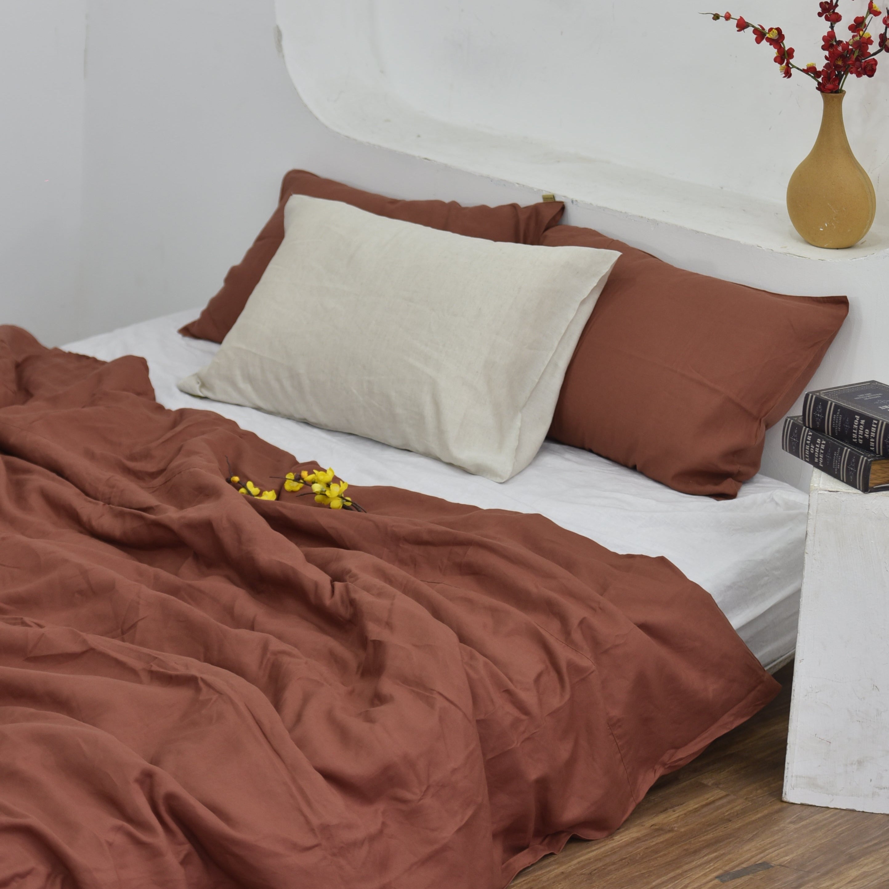 Brick Red Bamboo Linen Duvet Cover Set – 4-Piece Bed Linen | 45% Linen 55% Bamboo Rayon | 165 GSM