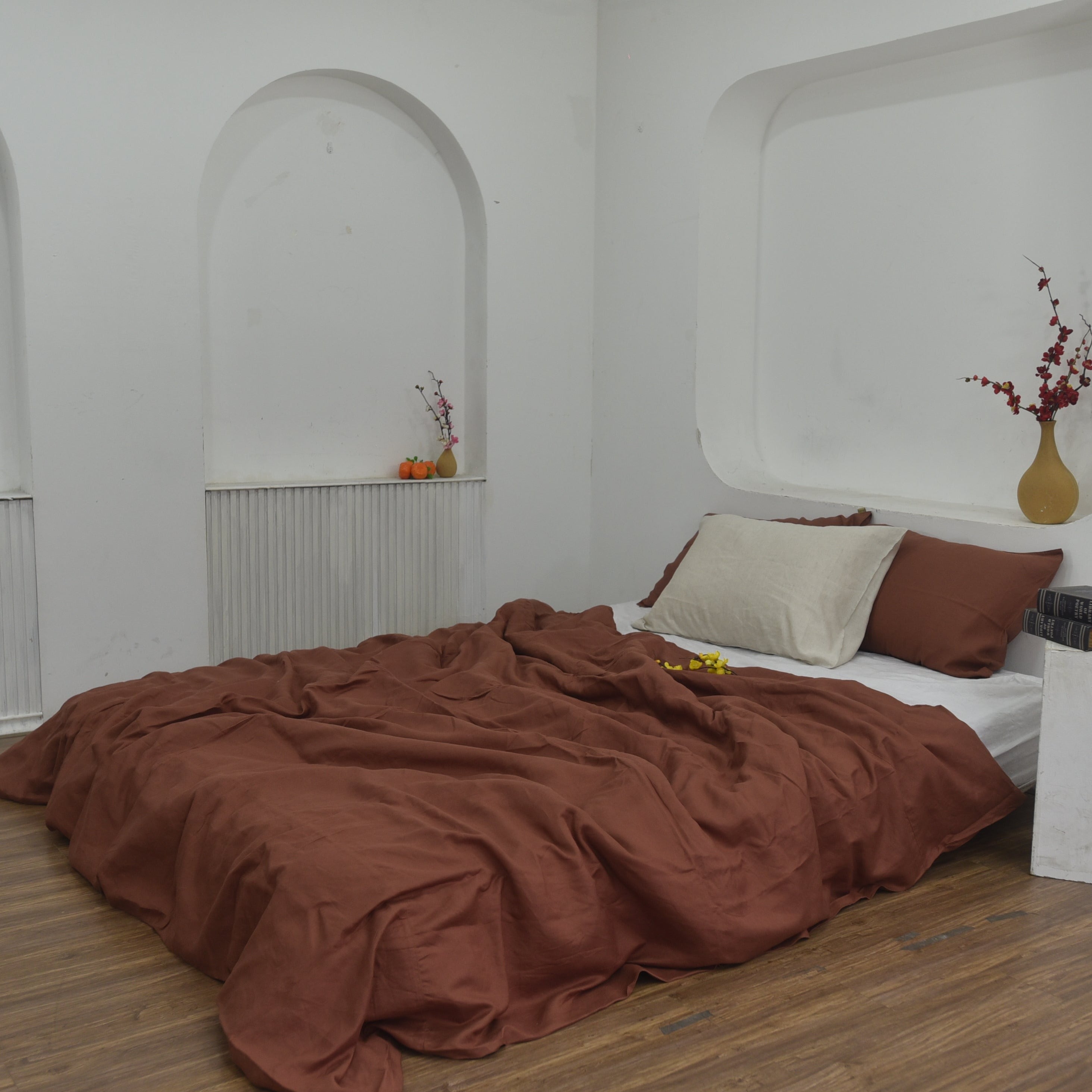 Brick Red Bamboo Linen Duvet Cover Set – 4-Piece Bed Linen | 45% Linen 55% Bamboo Rayon | 165 GSM