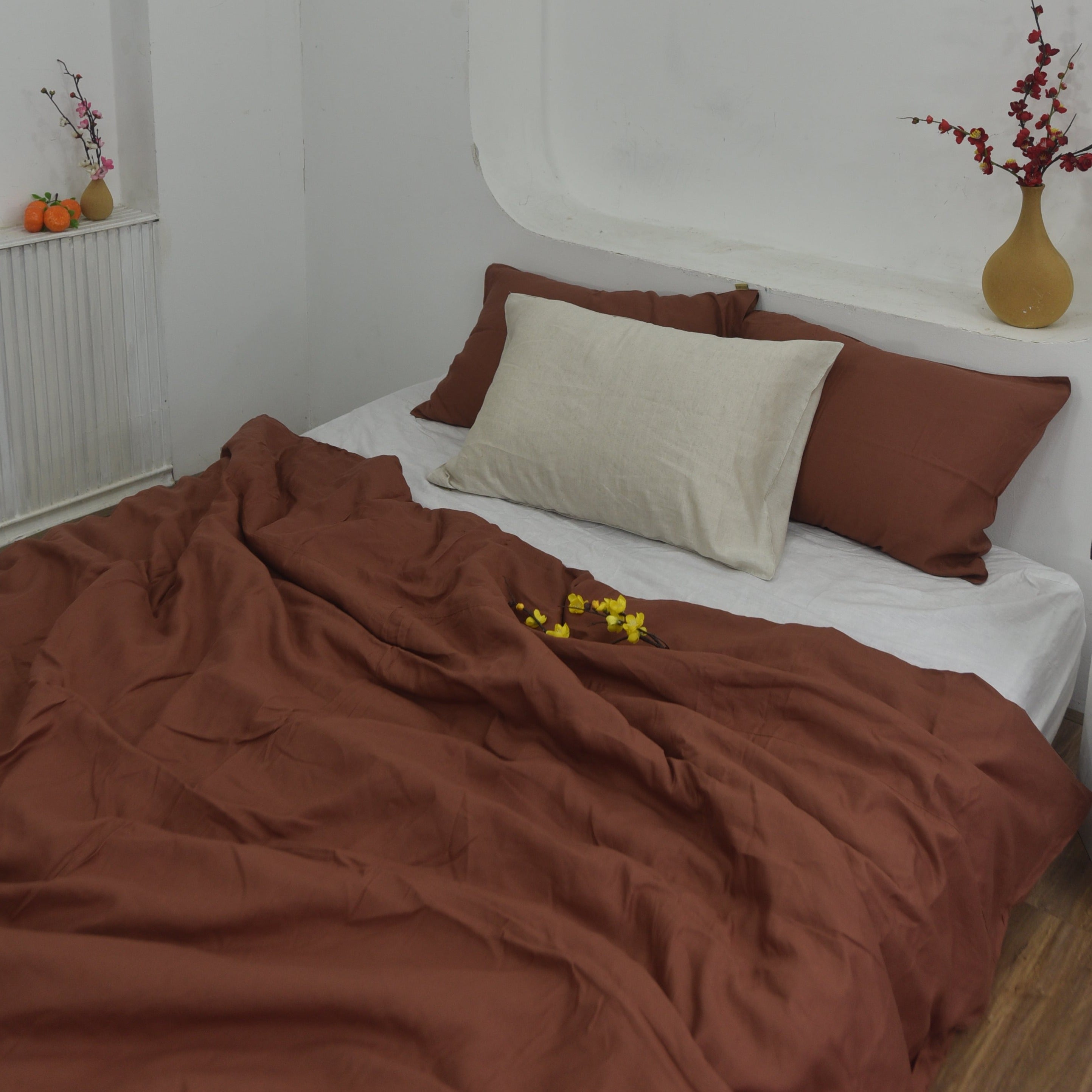 Brick Red Bamboo Linen Duvet Cover Set – 4-Piece Bed Linen | 45% Linen 55% Bamboo Rayon | 165 GSM