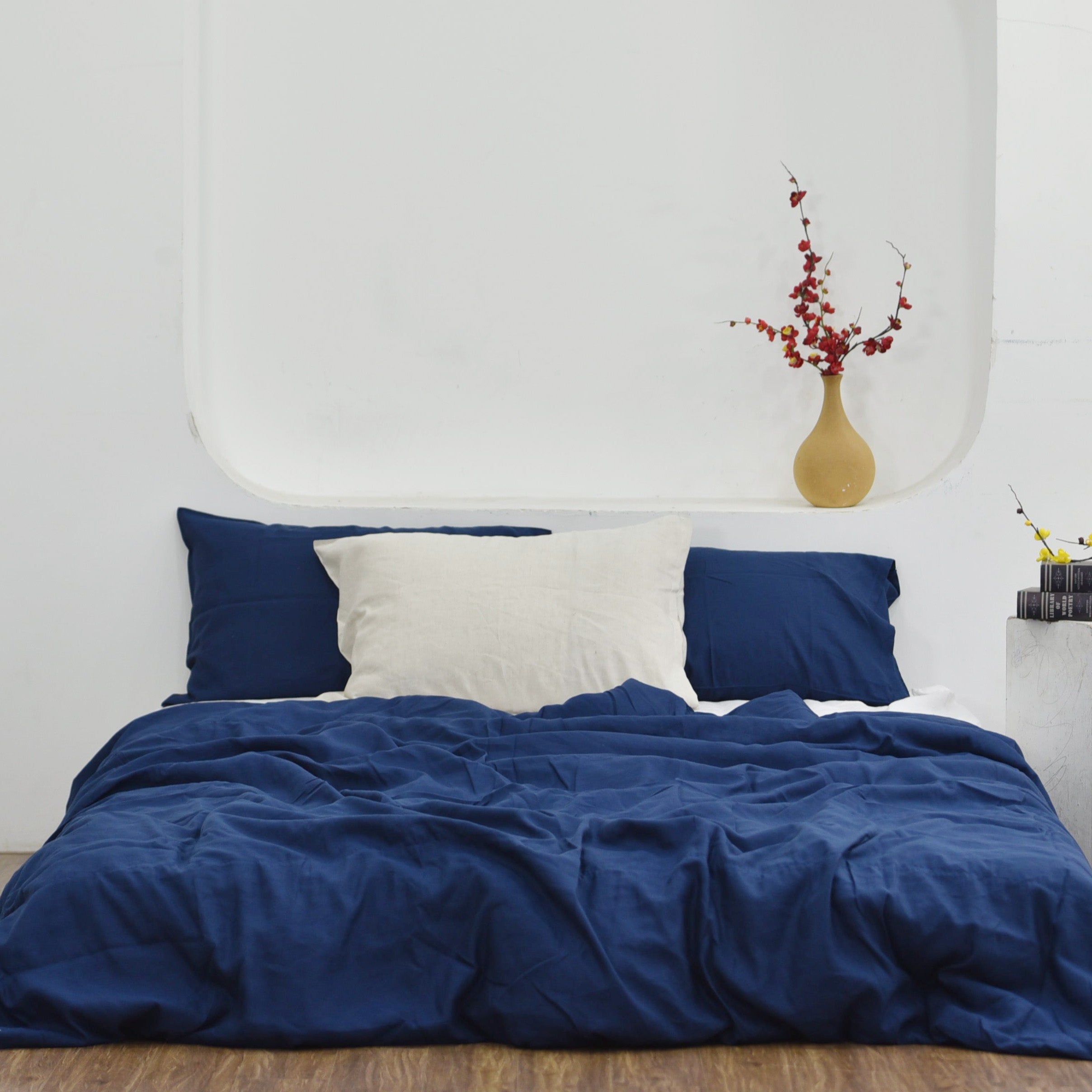 Navy Blue Bamboo Linen Duvet Cover Set – 4-Piece | 45% Linen 55% Bamboo Rayon