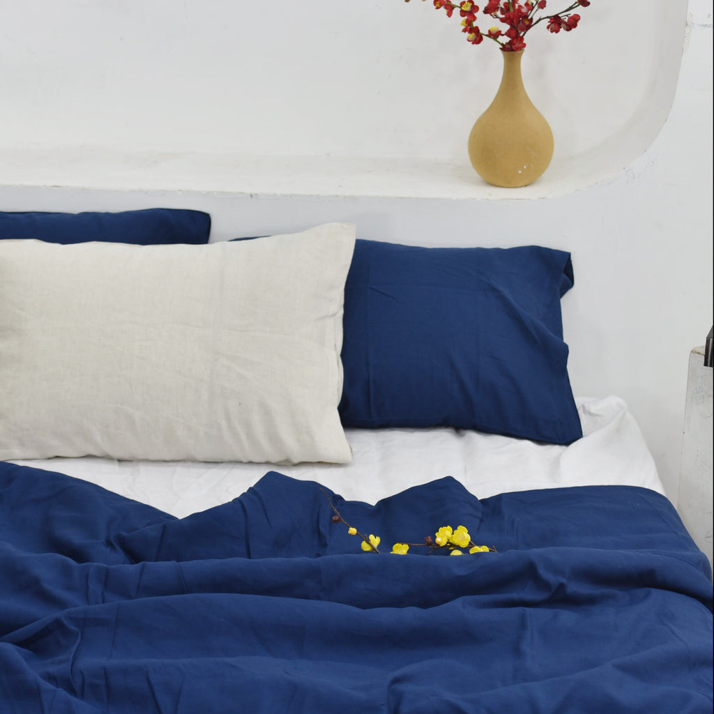 Navy Blue Bamboo Linen Duvet Cover Set – 4-Piece | 45% Linen 55% Bamboo Rayon
