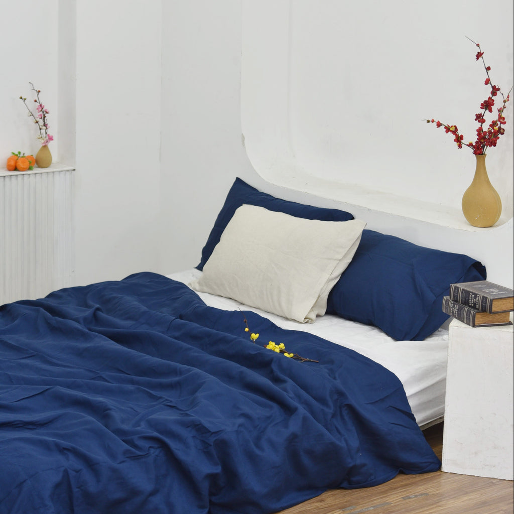 Navy Blue Bamboo Linen Duvet Cover Set – 4-Piece | 45% Linen 55% Bamboo Rayon