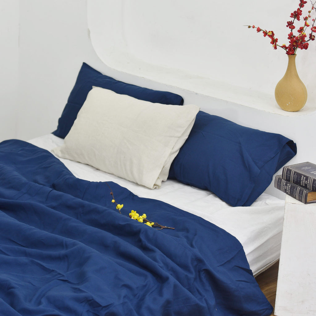 Navy Blue Bamboo Linen Duvet Cover Set – 4-Piece | 45% Linen 55% Bamboo Rayon