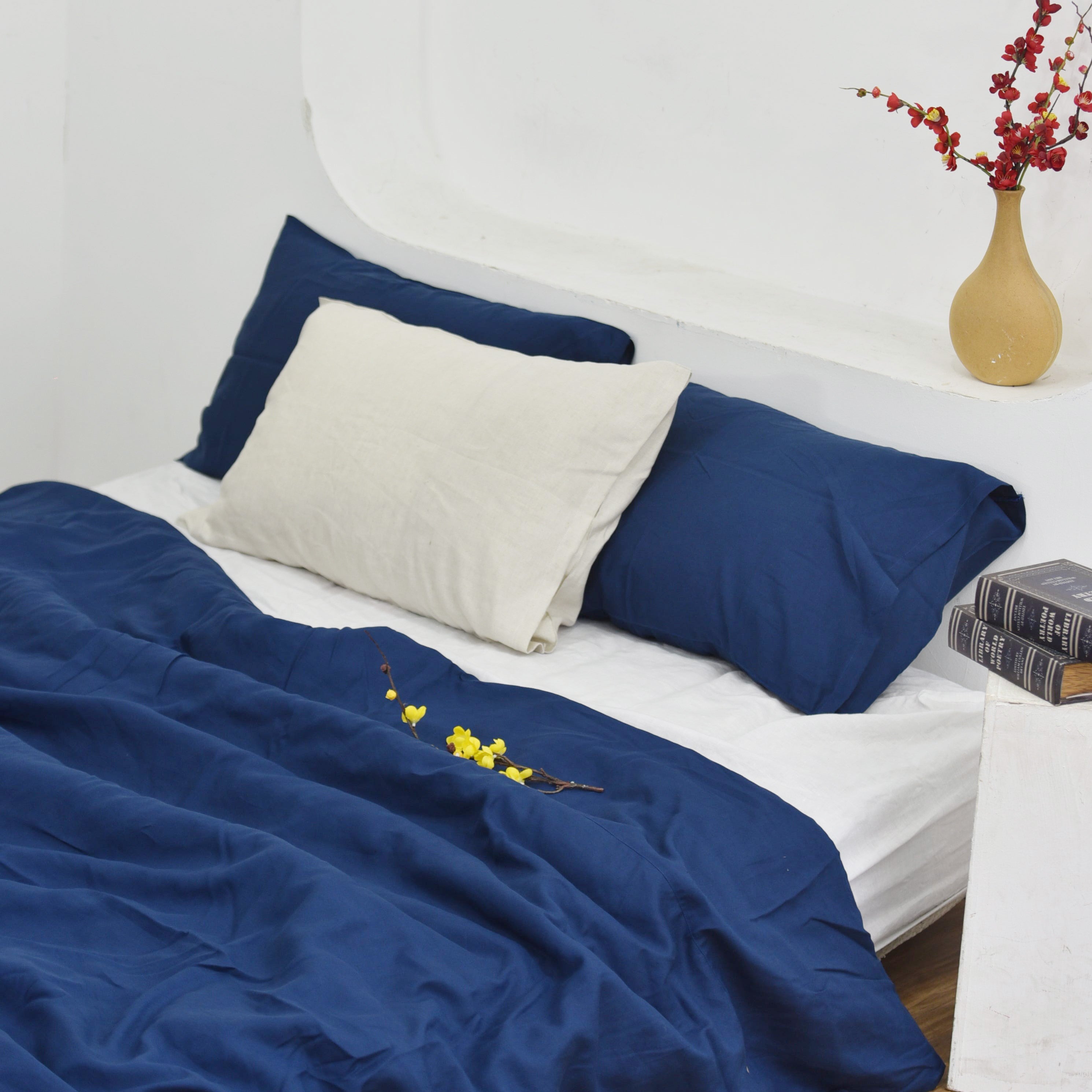 Navy Blue Bamboo Linen Duvet Cover Set – 4-Piece | 45% Linen 55% Bamboo Rayon