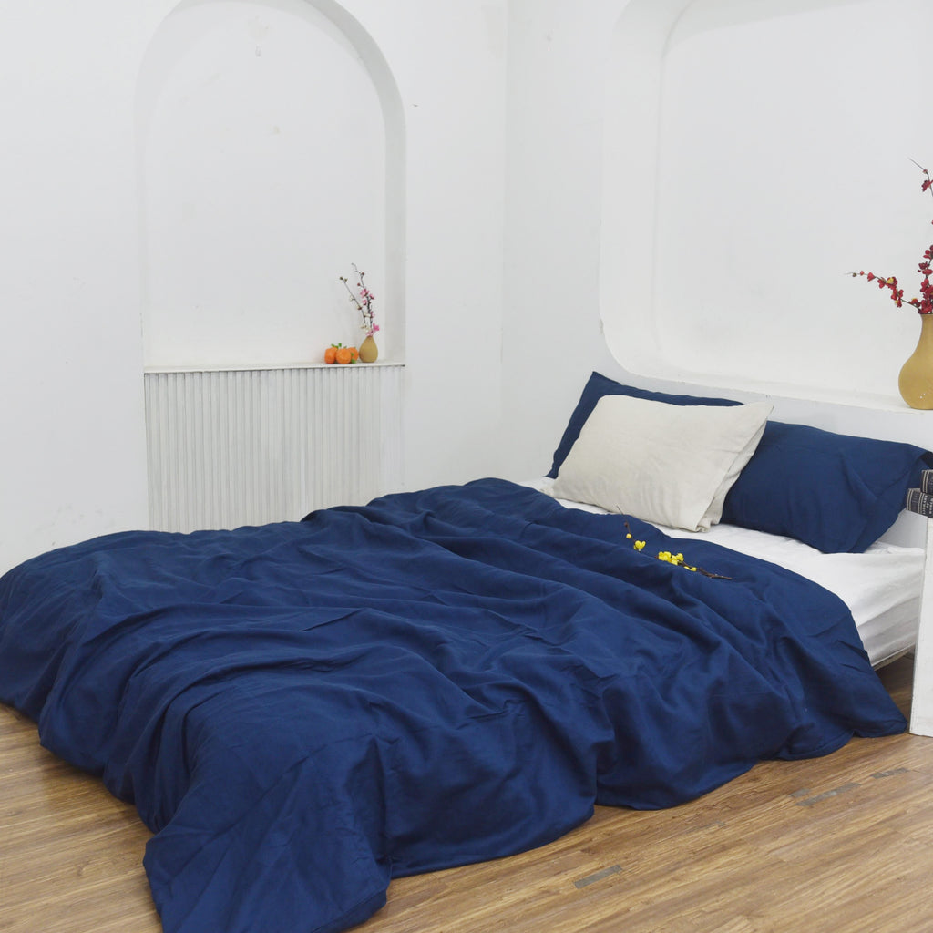 Navy Blue Bamboo Linen Duvet Cover Set – 4-Piece | 45% Linen 55% Bamboo Rayon
