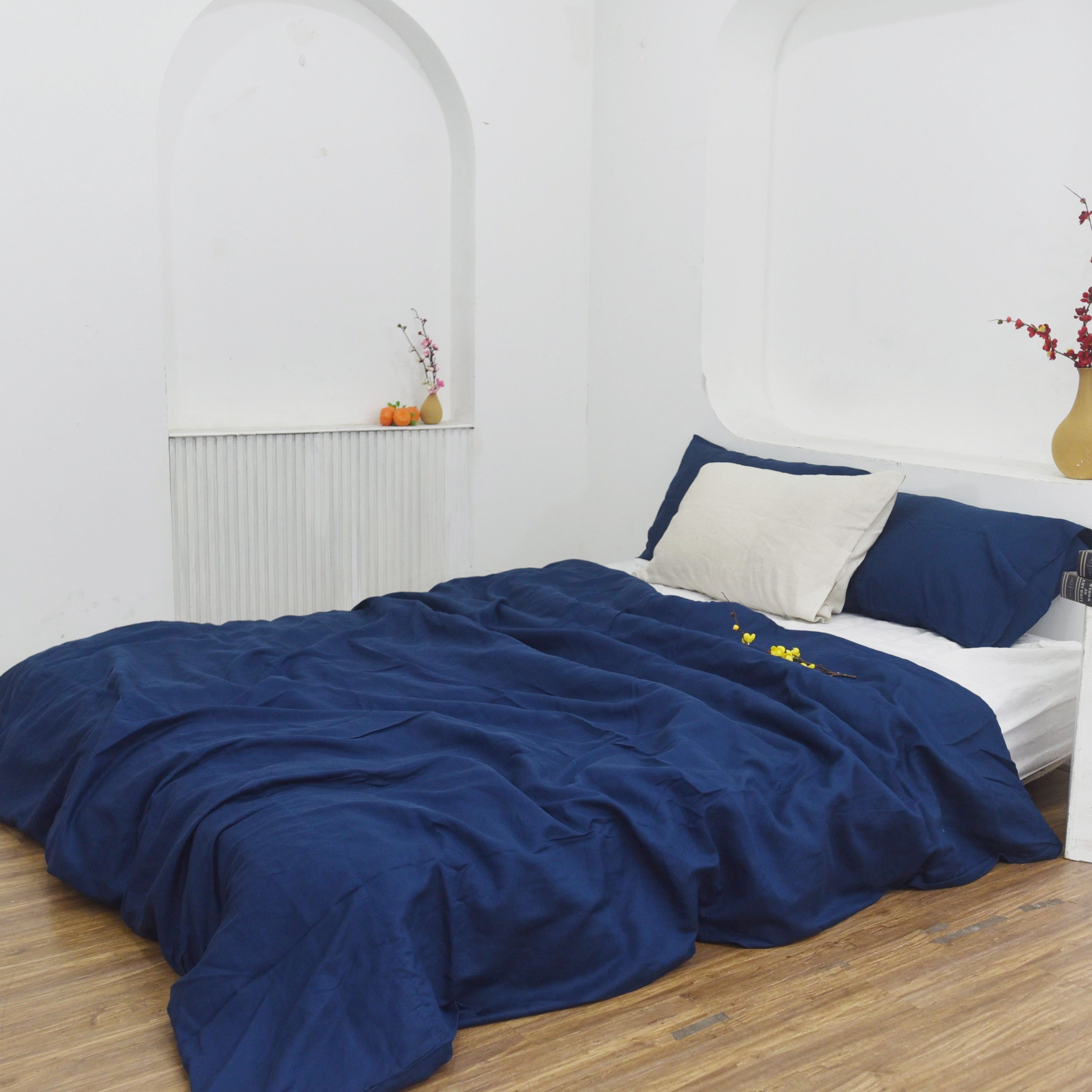 Navy Blue Bamboo Linen Duvet Cover Set – 4-Piece | 45% Linen 55% Bamboo Rayon