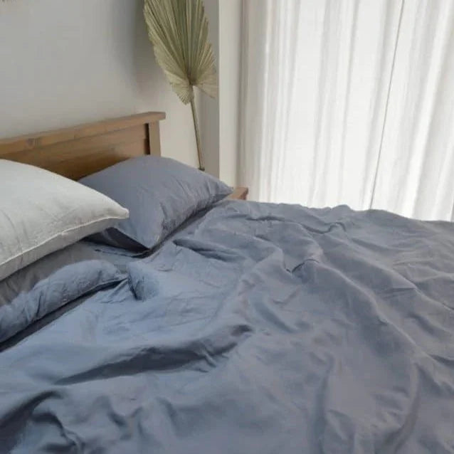 Denim Blue Bamboo Linen Duvet Cover Set – 4-Piece Bed Linen | 45% Linen 55% Bamboo Rayon | 165 GSM