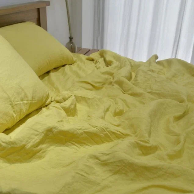 Lemon Yellow Bamboo Linen Duvet Cover Set – 4-Piece Bed Linen | 45% Linen 55% Bamboo