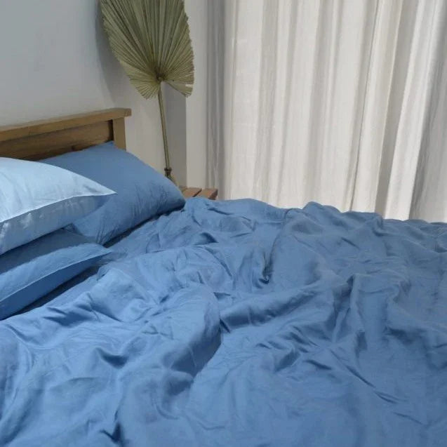 Cerulean Blue Bamboo Linen Duvet Cover Set – 4-Piece | 45% Linen 55% Bamboo Rayon